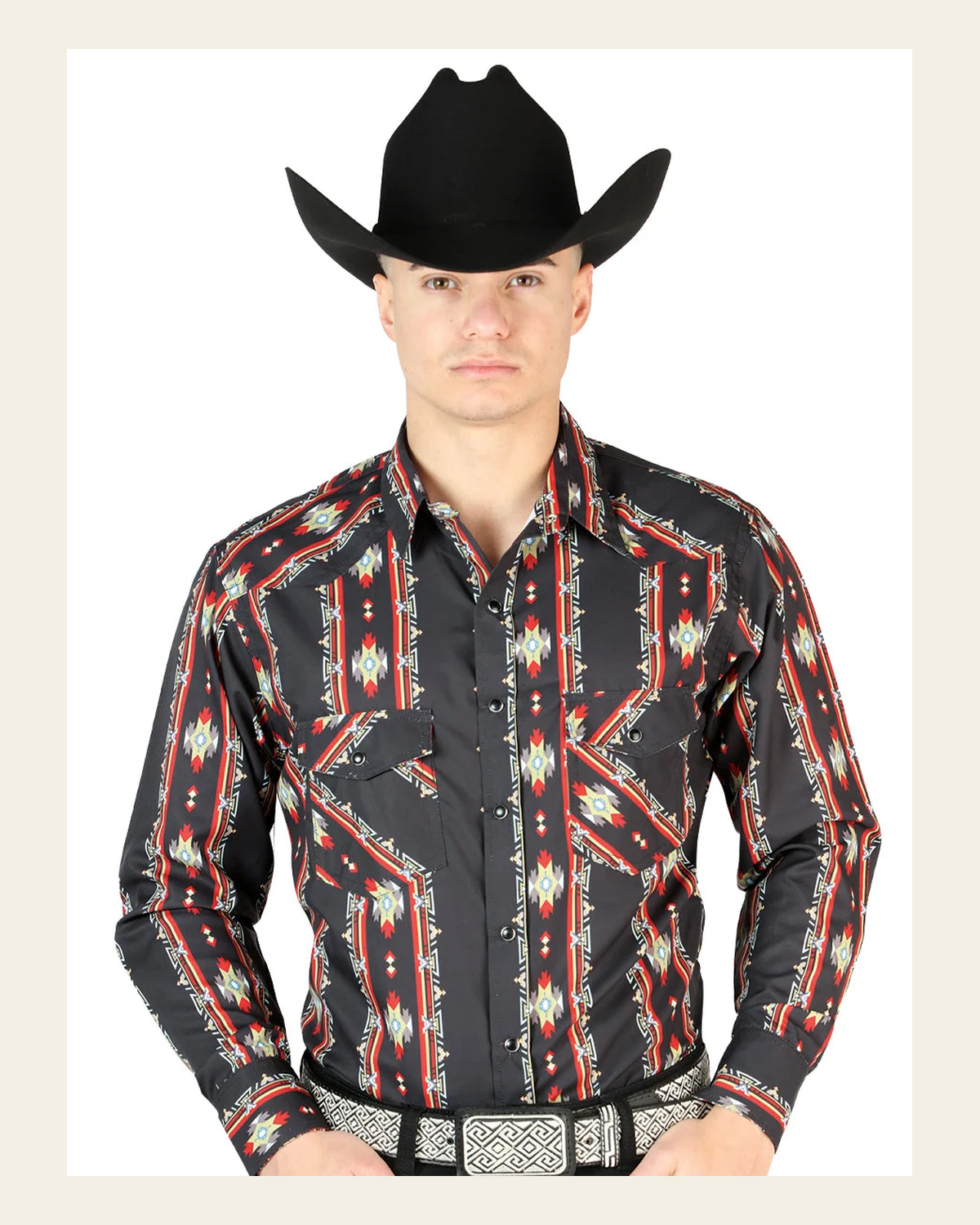Men's Long Sleeve Western Fashion Snap Button Shirt - Black/Red 44210 on a warm cream background