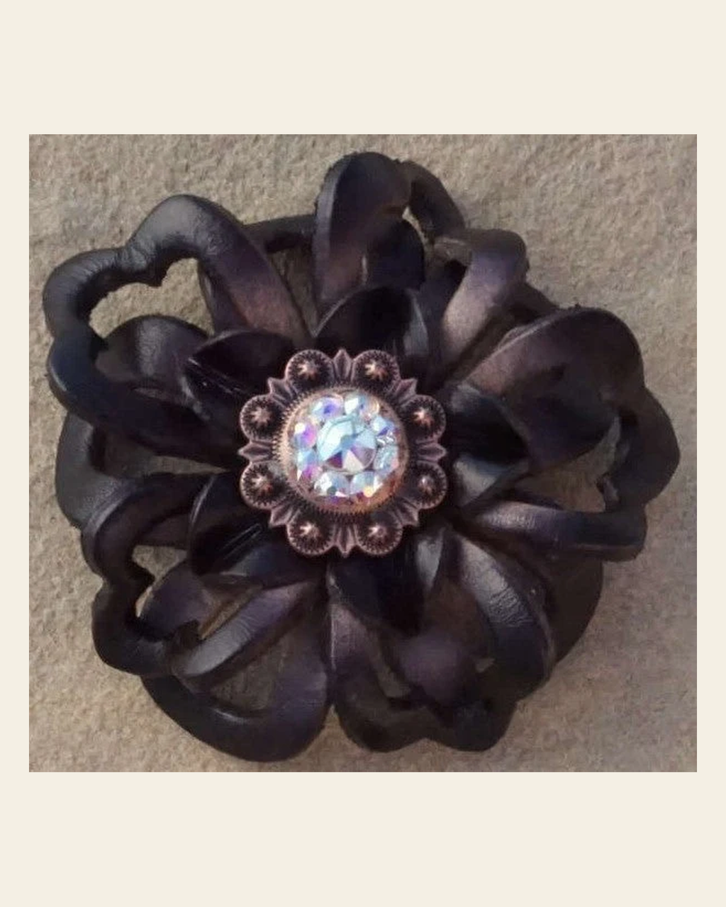 Black Lotus Flower With Copper AB 1" Concho on a warm cream background