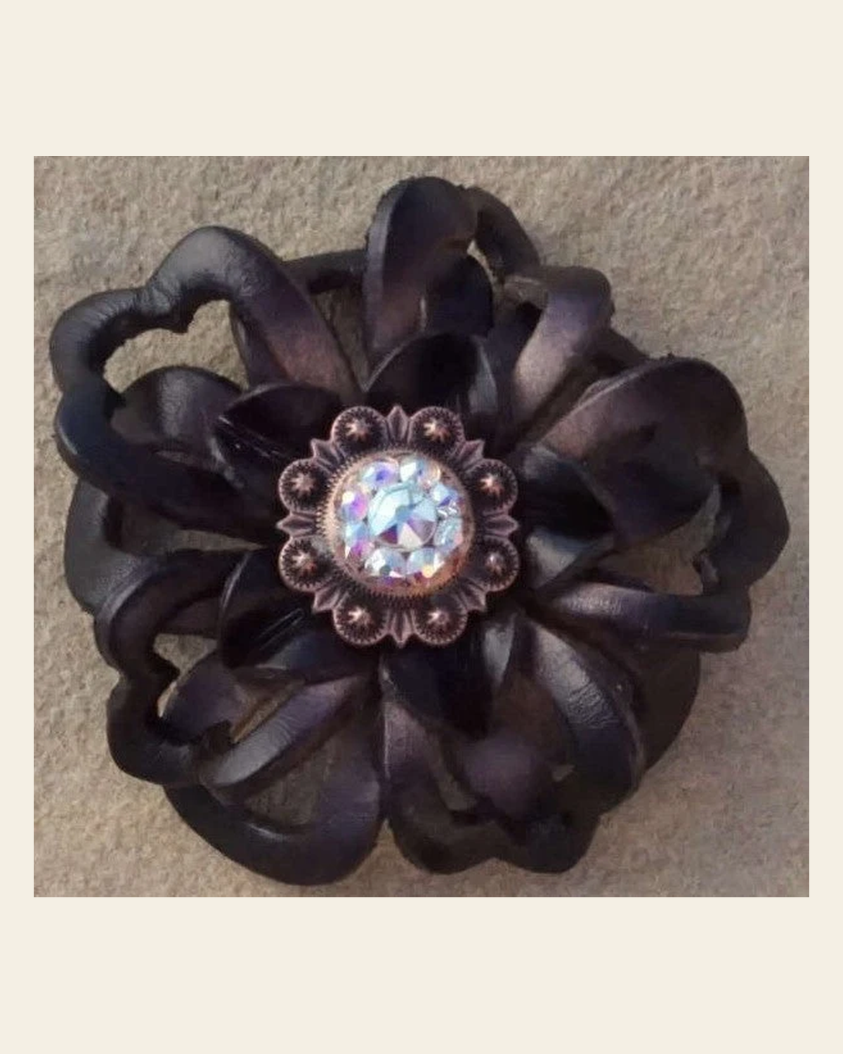 Black Lotus Flower With Copper AB 1" Concho on a warm cream background