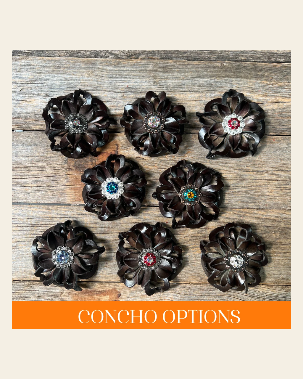 Black Lotus Leather Flowers - 1" Crystal Conchos - Options on a warm cream background