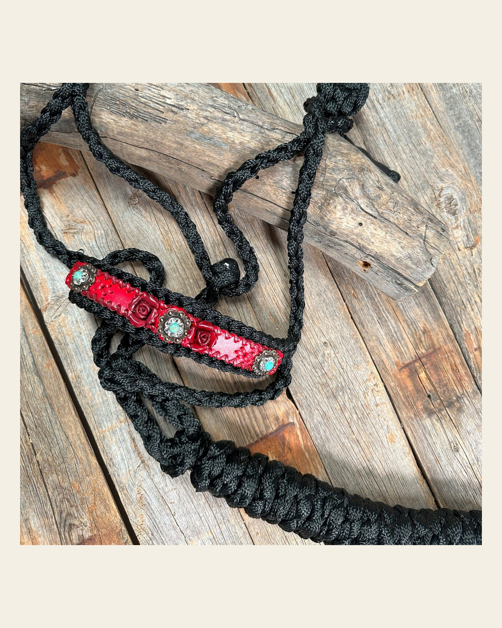 Black Mule Tape Halter - Red Rose and Turquoise #MT220 on a warm cream background
