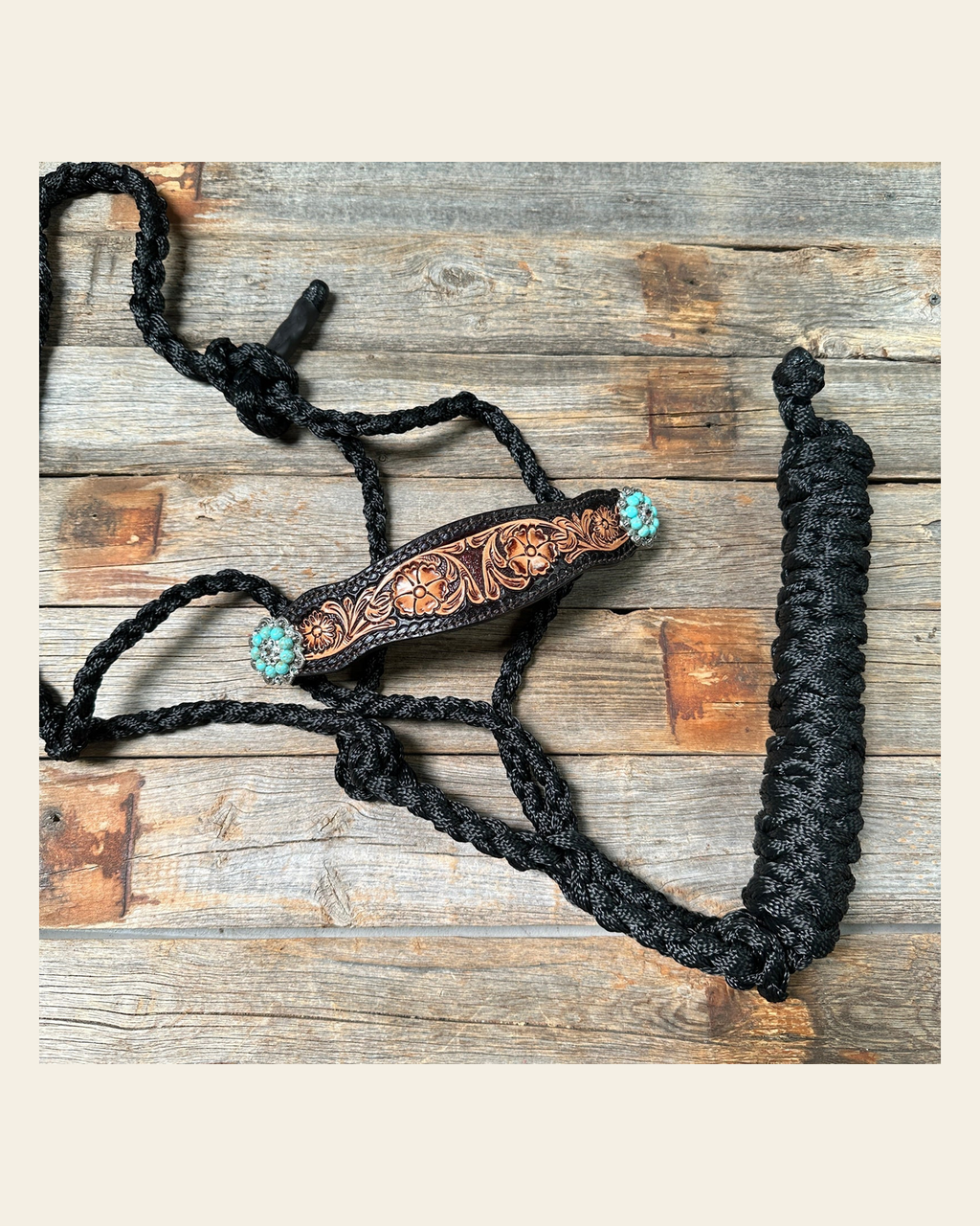 Black Mule Tape Halter -Turquoise & Clear #MT225 on a warm cream background