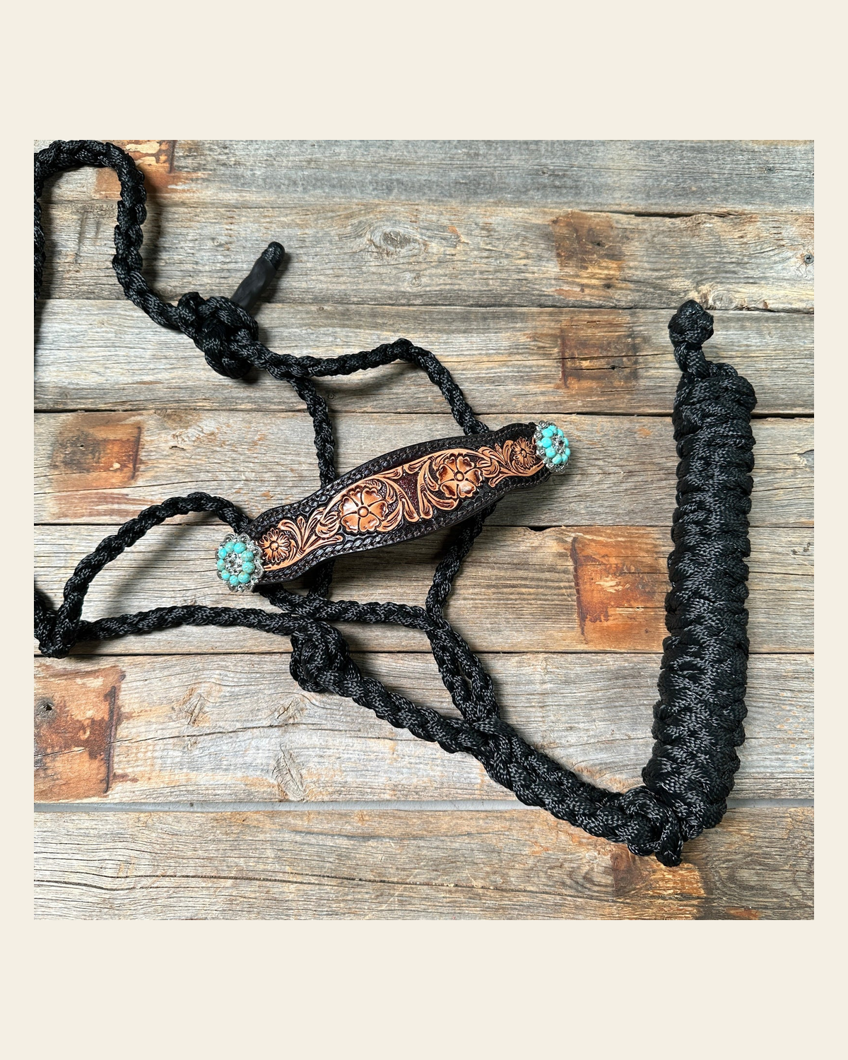 Black Mule Tape Halter -Turquoise & Clear #MT225 on a warm cream background