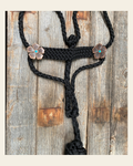 Black Mule Tape Halter - Turquoise Flower #MT110 on a warm cream background