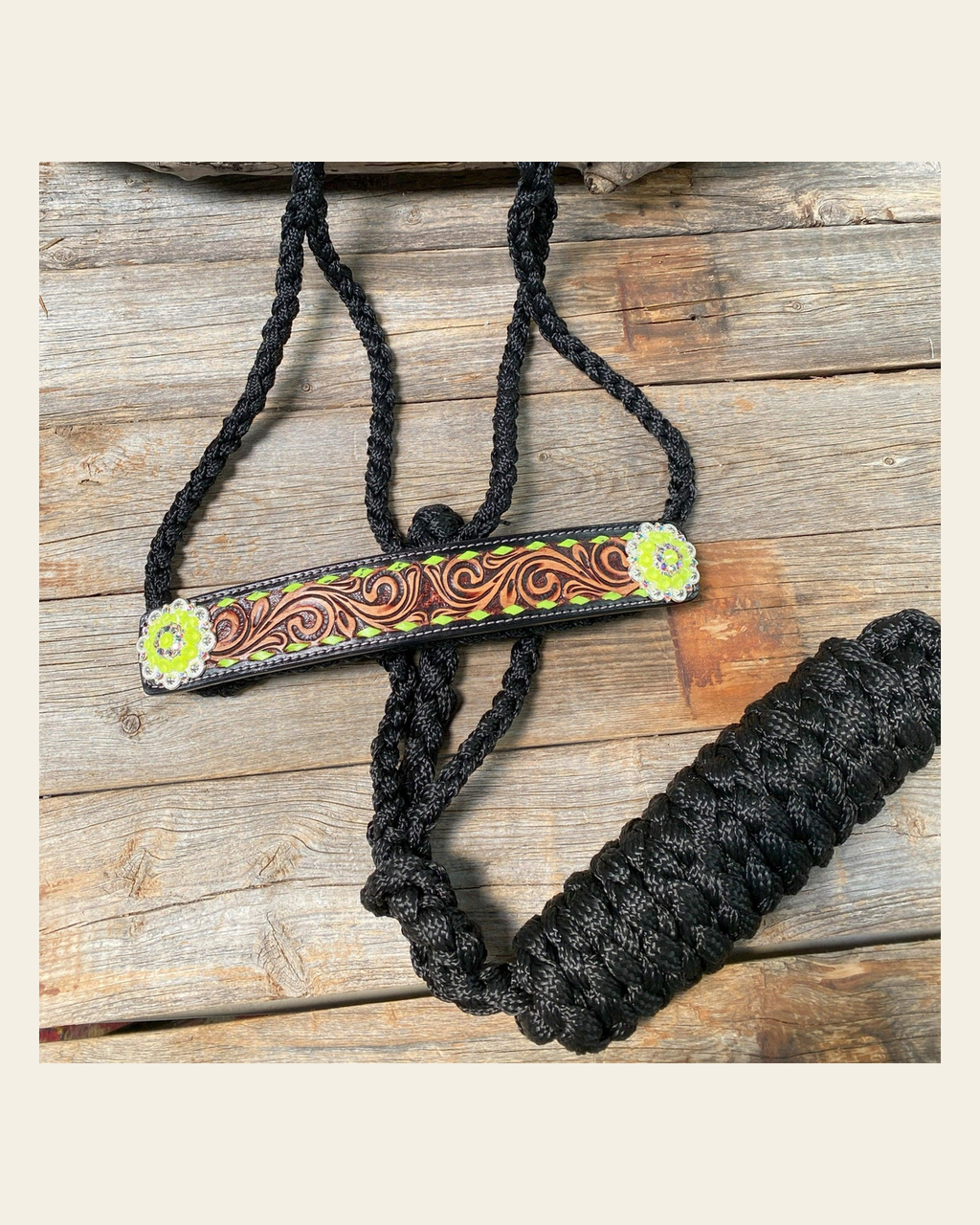 Black Mule Tape Halter - Yellow and Green #MT219 on a warm cream background