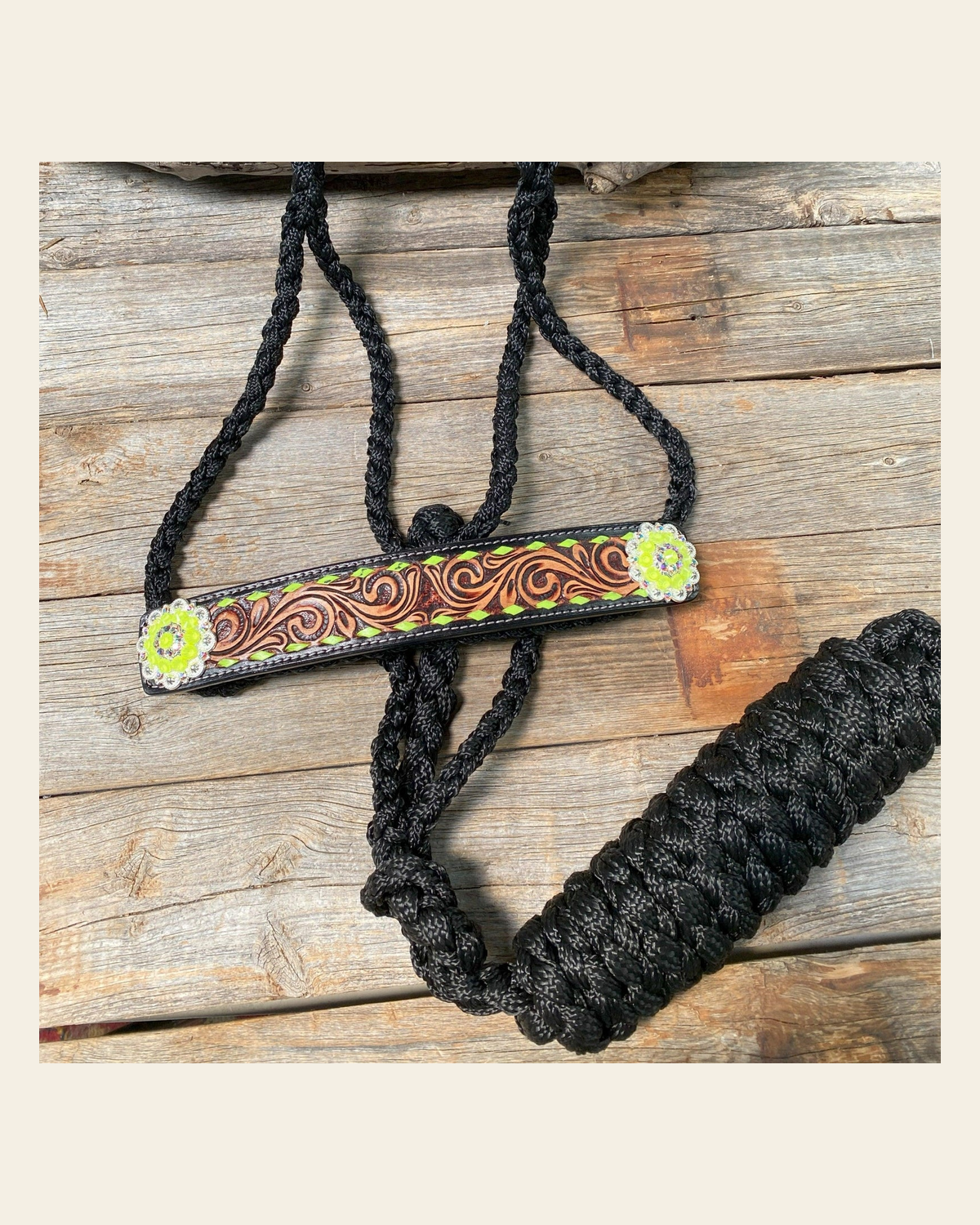 Black Mule Tape Halter - Yellow and Green #MT219 on a warm cream background