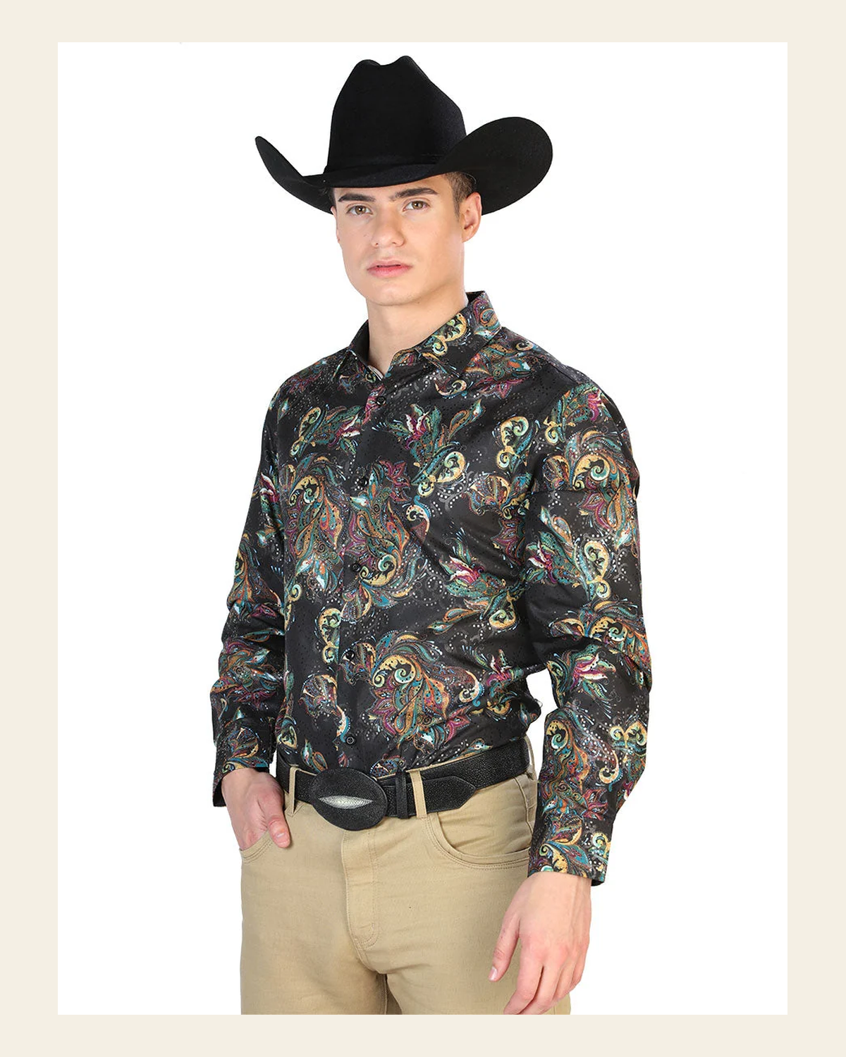 Black Multicolor Casual Long Sleeve Shirt 43800 on a warm cream background