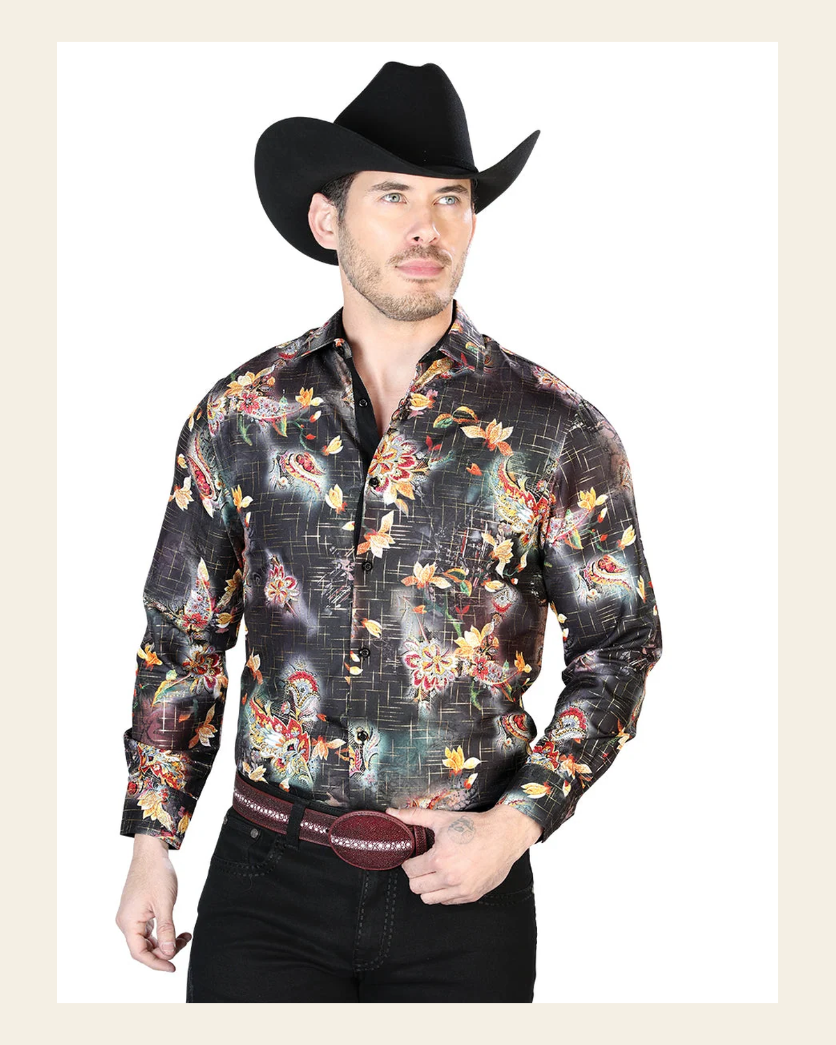 Black/Multicolor Casual Long Sleeve Shirt 43813 on a warm cream background