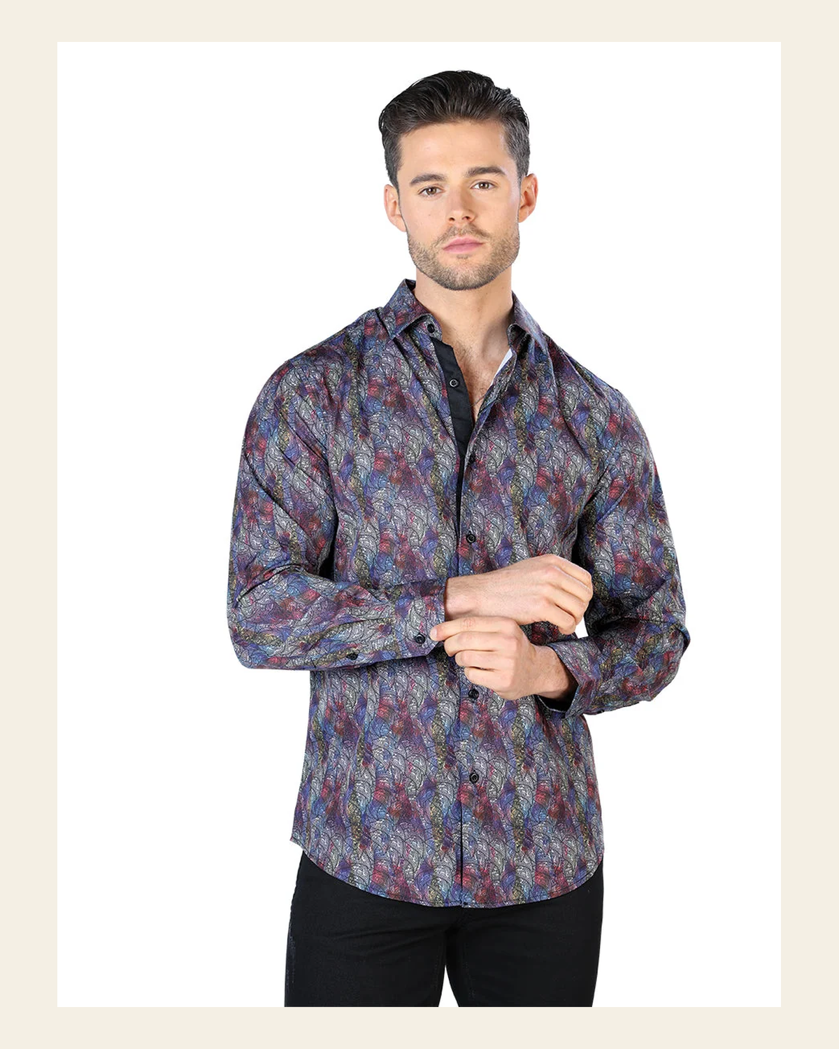 Black Multicolor Long Sleeve Shirt 44044 on a warm cream background