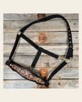Black Nylon Halter with Floral Leather Noseband #NH116 on a warm cream background