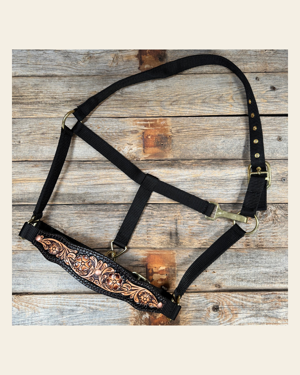 Black Nylon Halter with Floral Leather Noseband #NH116 on a warm cream background