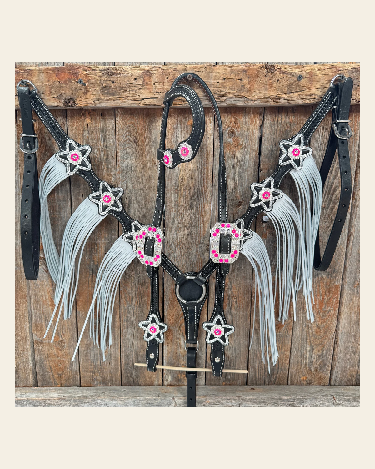 Black Basketweave Pink & AB One Ear Tack Set #OEBC661 on a warm cream background