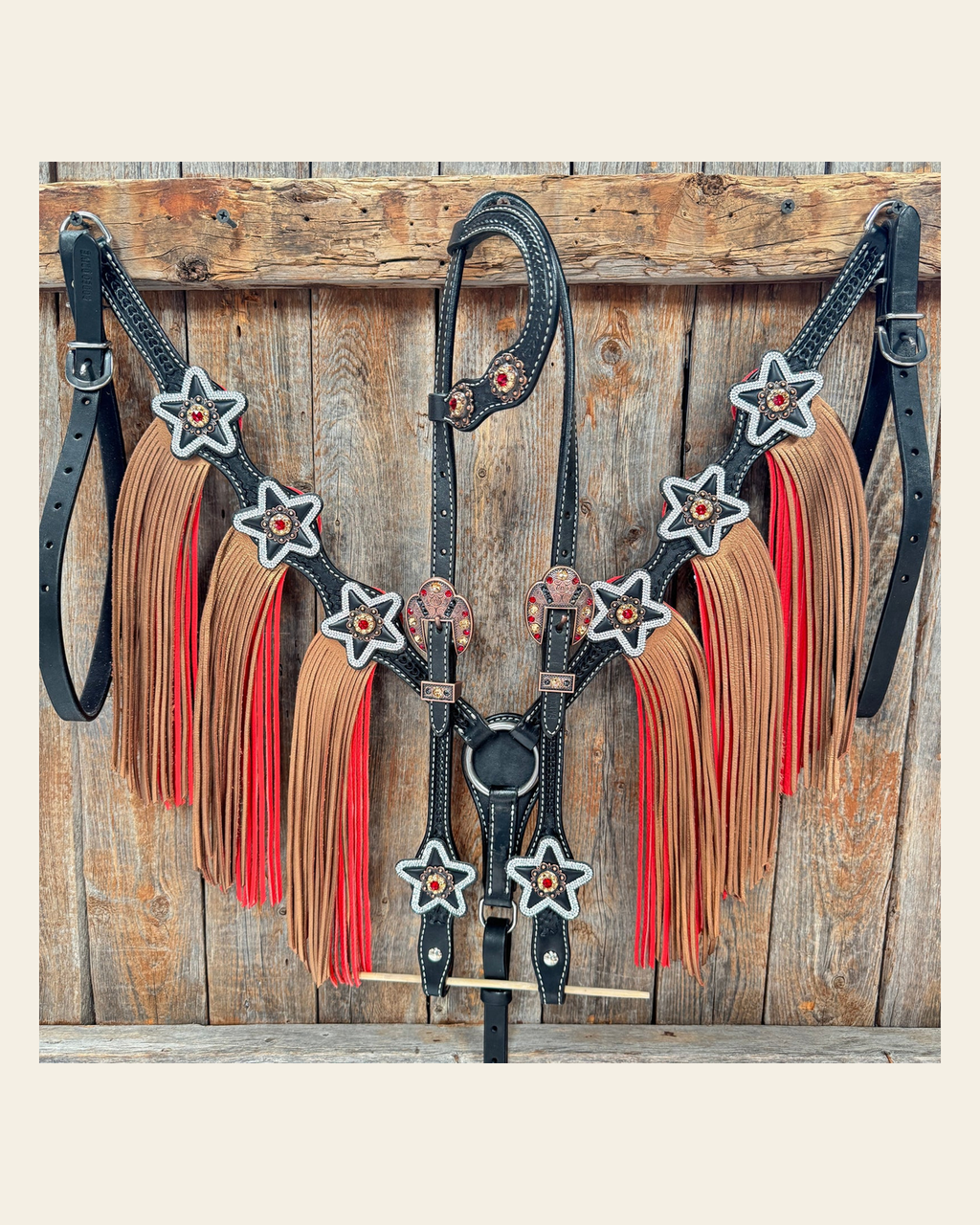 Black Basketweave Red and Copper One Ear Tack Set #OEBC662 on a warm cream background