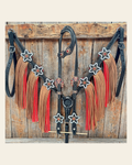 Black Basketweave Red and Copper One Ear Tack Set #OEBC662 on a warm cream background
