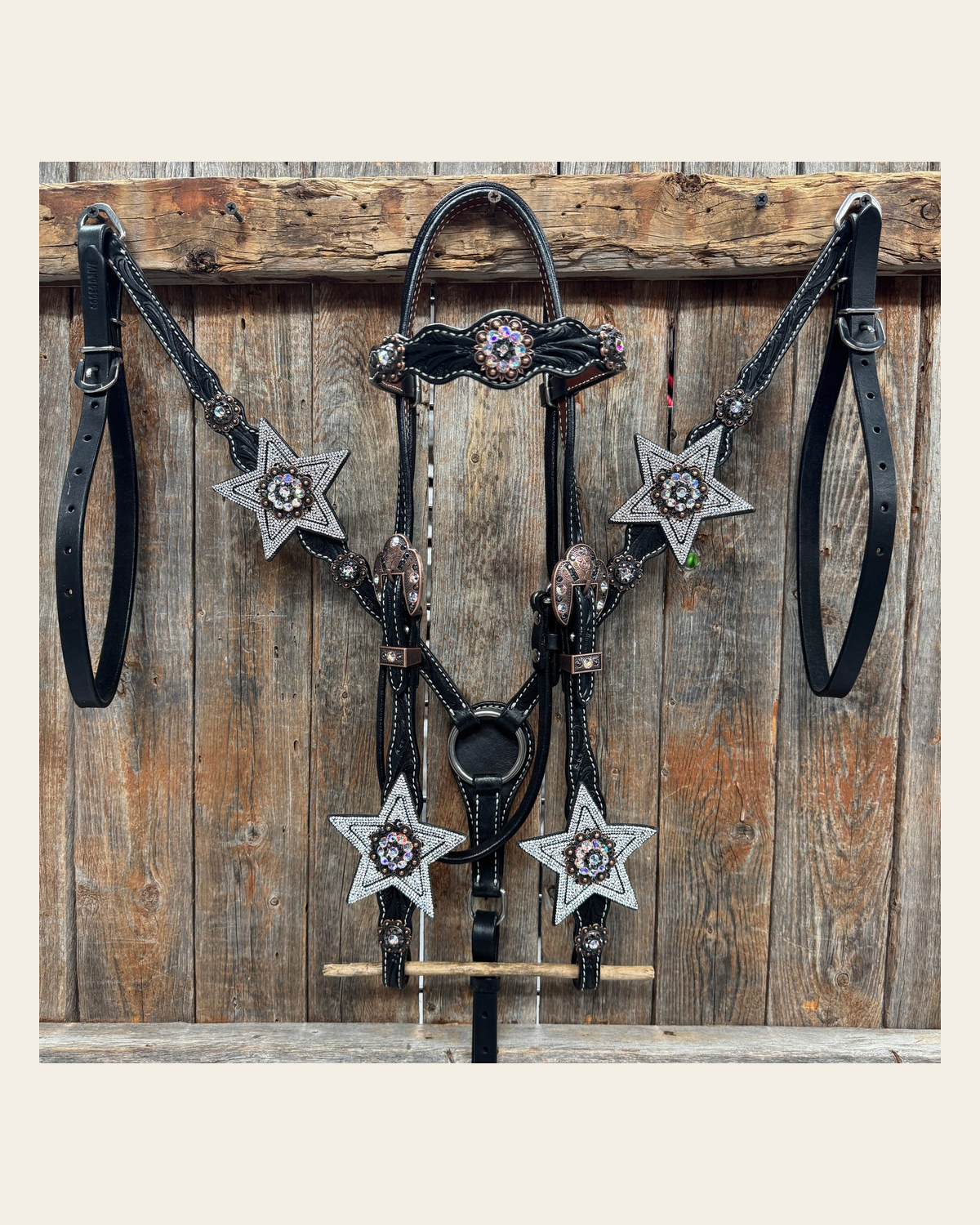 Black Oil Floral Jet and Stars Browband/One Ear Breastcollar Tack Set #BBBC679 on a warm cream background