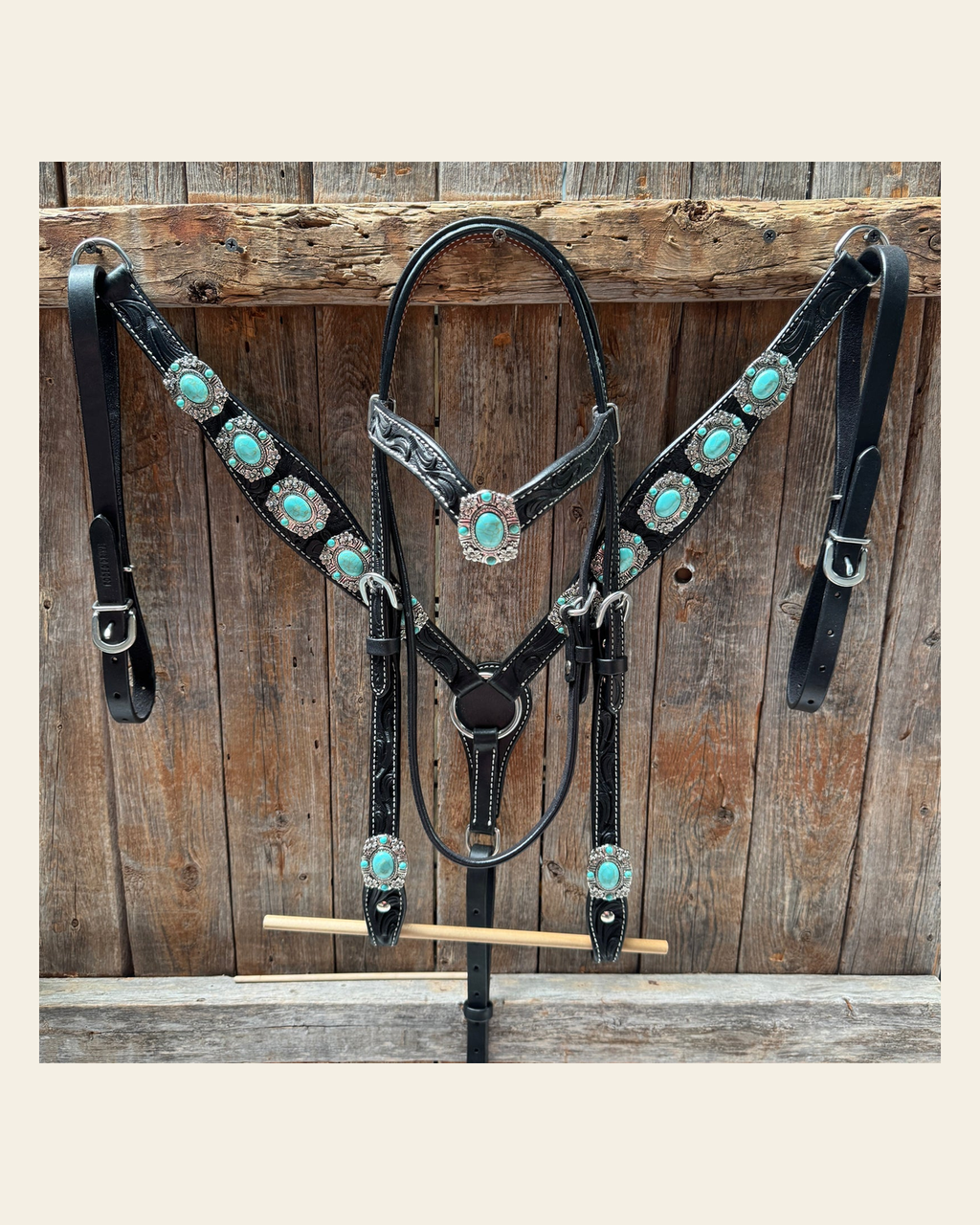 Black Leather V Brow Turquoise Browband Tack Set #BBBC526 on a warm cream background