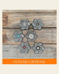 Black Pointed Flower Rhinestone Rosette - Assorted Conchos on a warm cream background