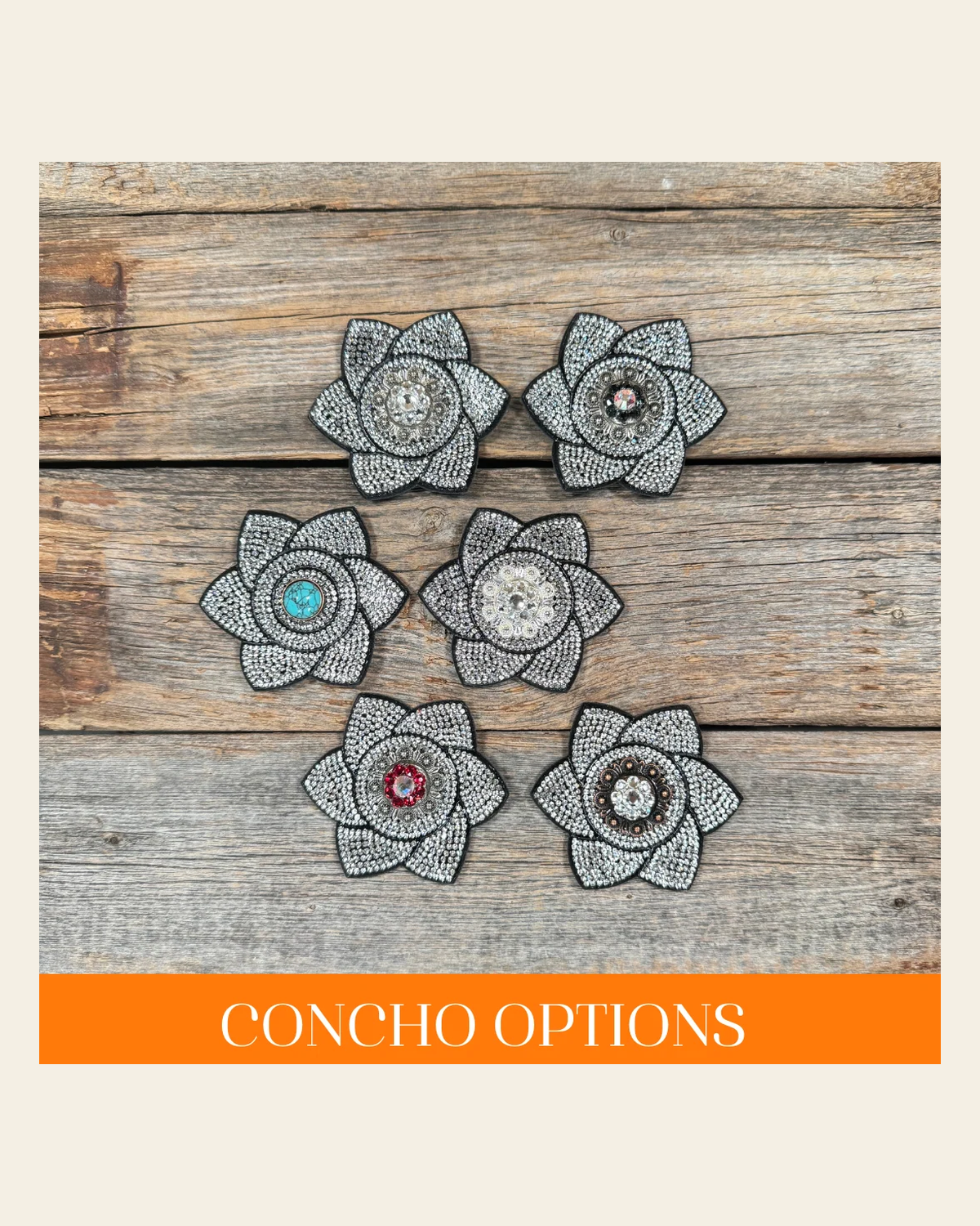 Black Pointed Flower Rhinestone Rosette - Assorted Conchos on a warm cream background