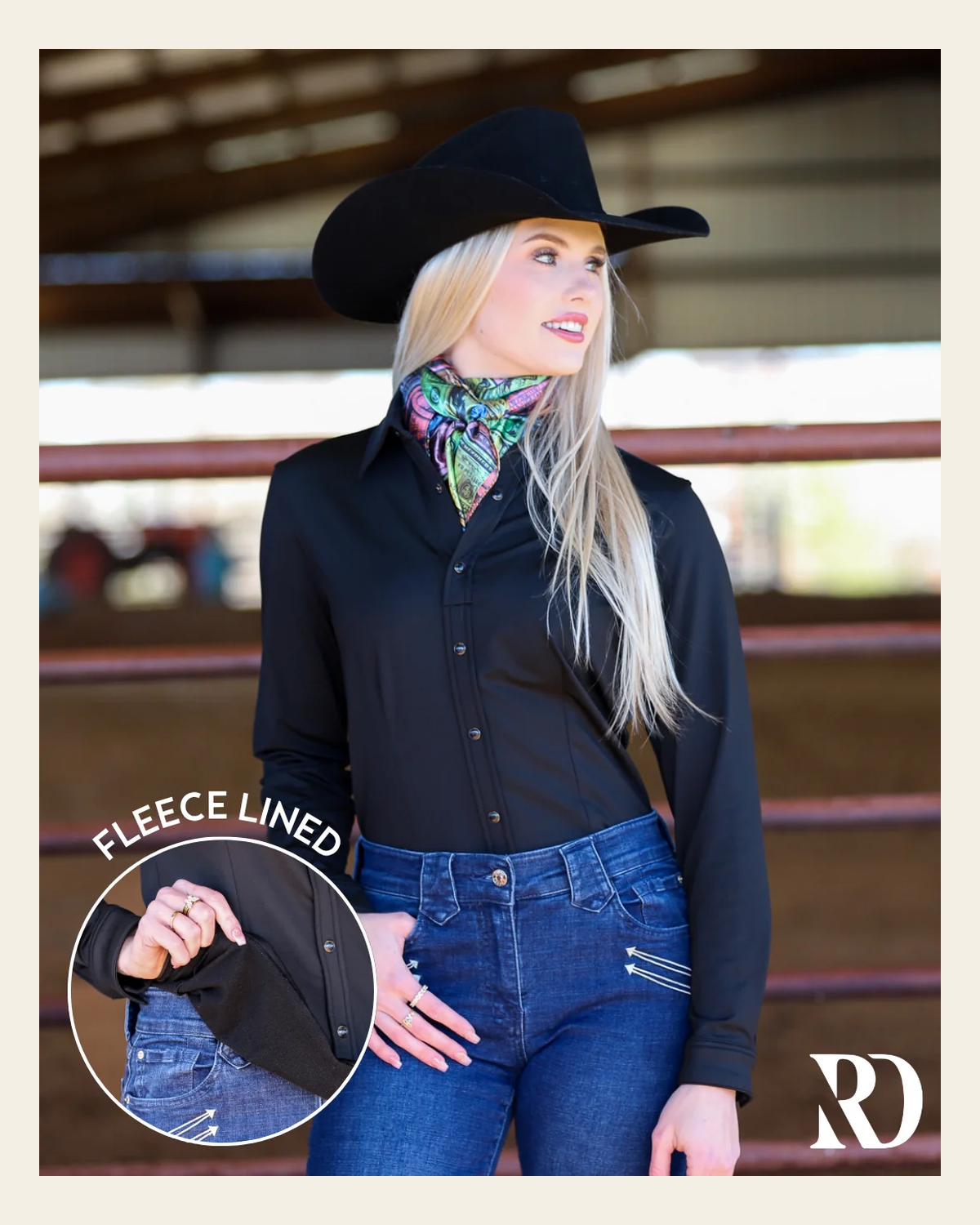 Black Polar Fleece Performance Rodeo Shirt on a warm cream background
