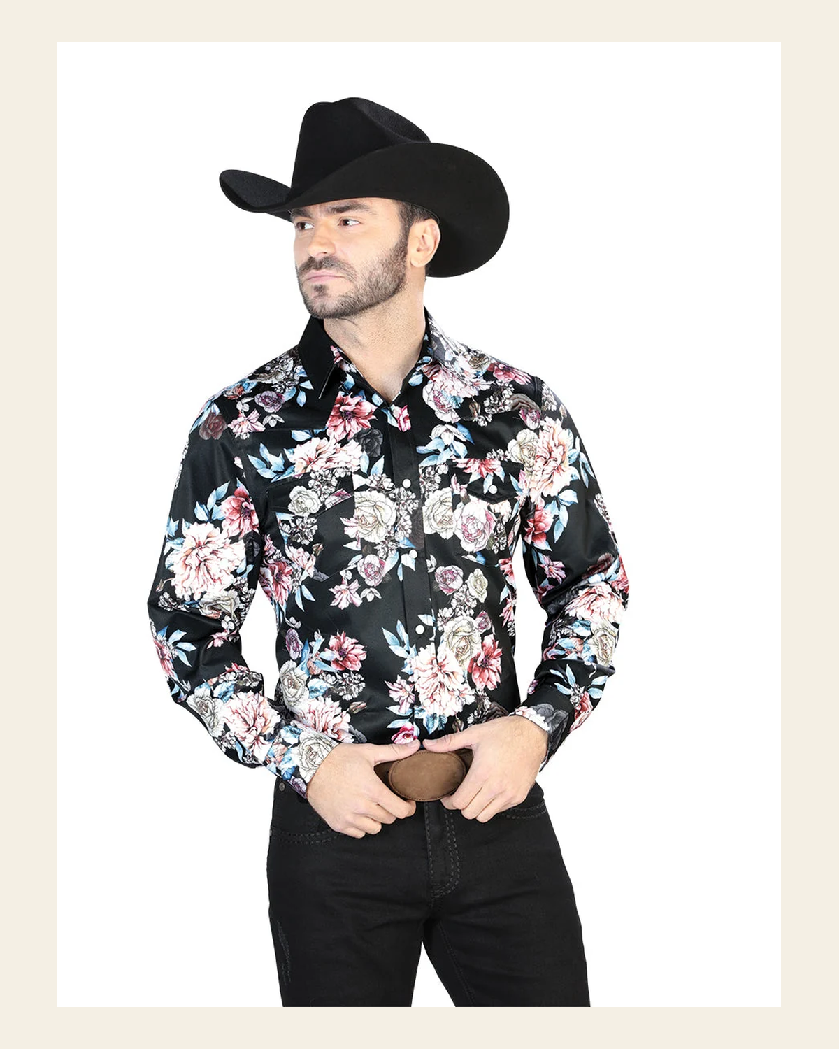 Black/Print Roses Casual Long Sleeve Shirt 44111 on a warm cream background