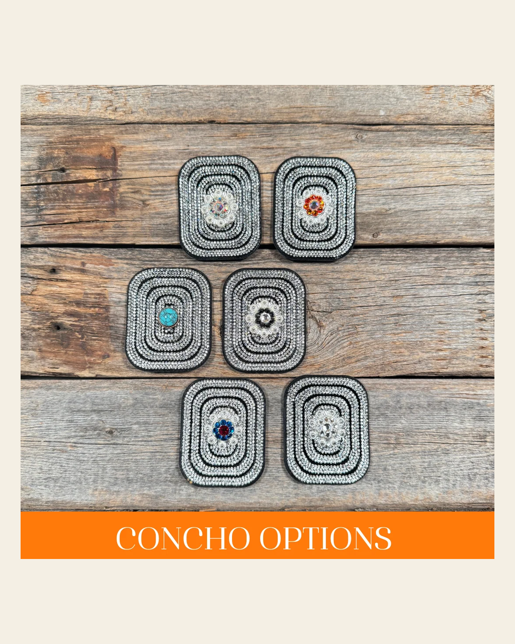 Black Rectangle Rhinestone Rosette - Assorted Conchos on a warm cream background