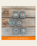 Black Rectangle Rhinestone Rosette - Assorted Conchos on a warm cream background