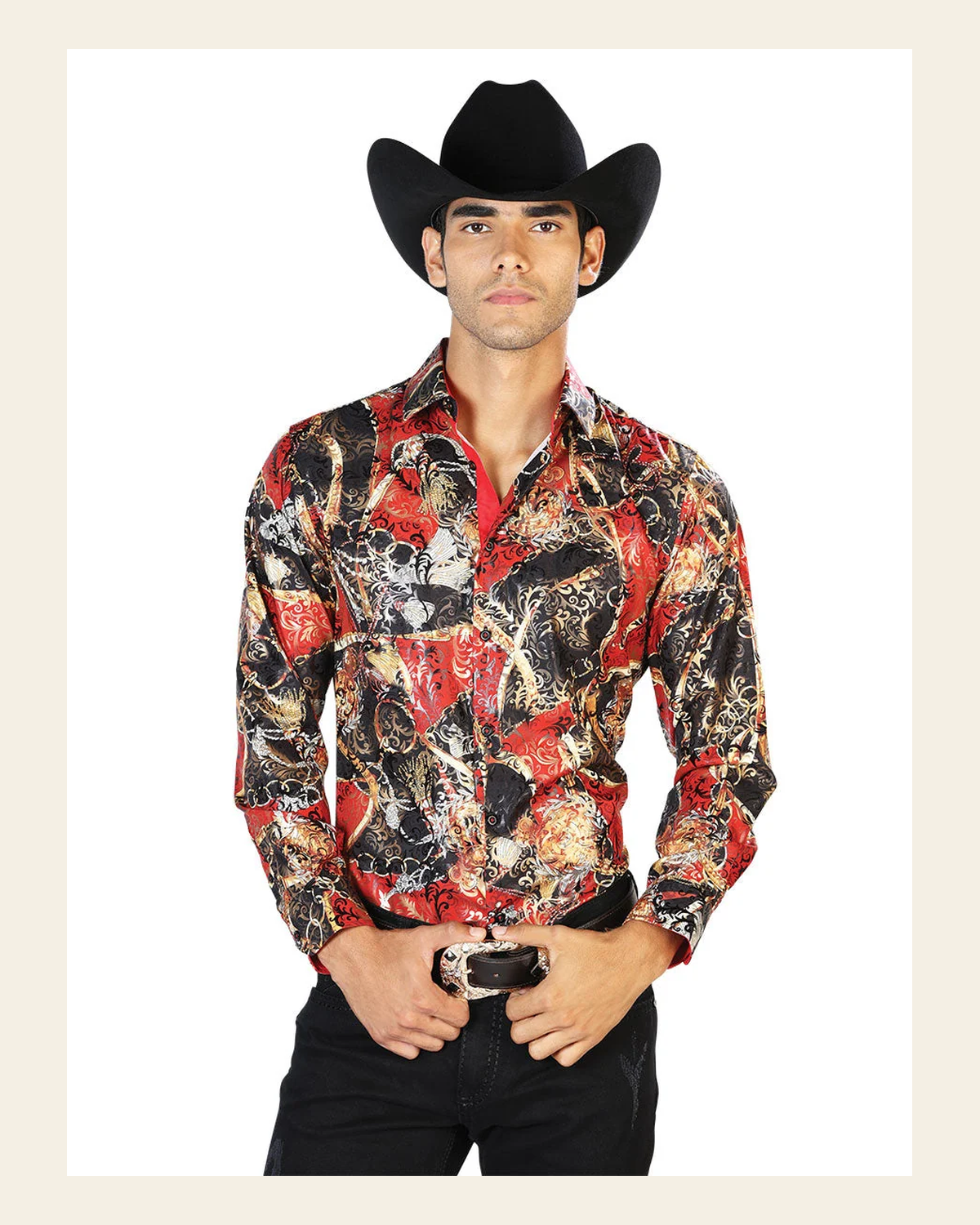 Black Red Casual Long Sleeve Shirt 43569 on a warm cream background
