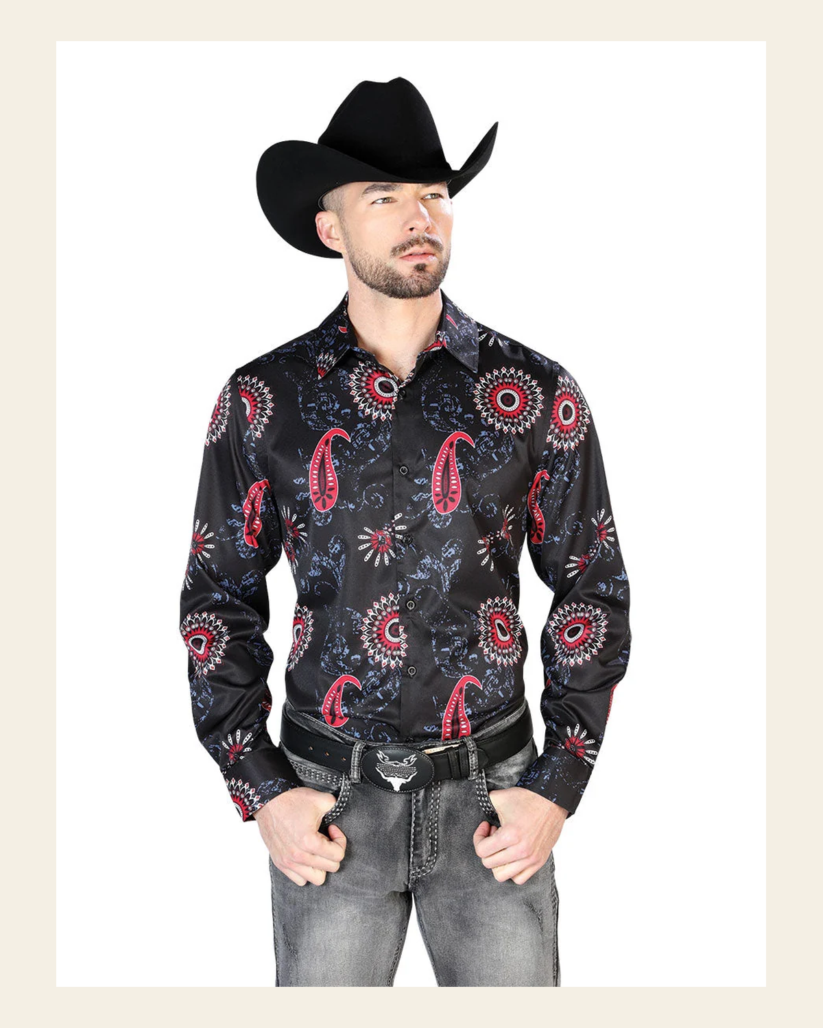 Black Red Casual Long Sleeve Shirt 43673 on a warm cream background