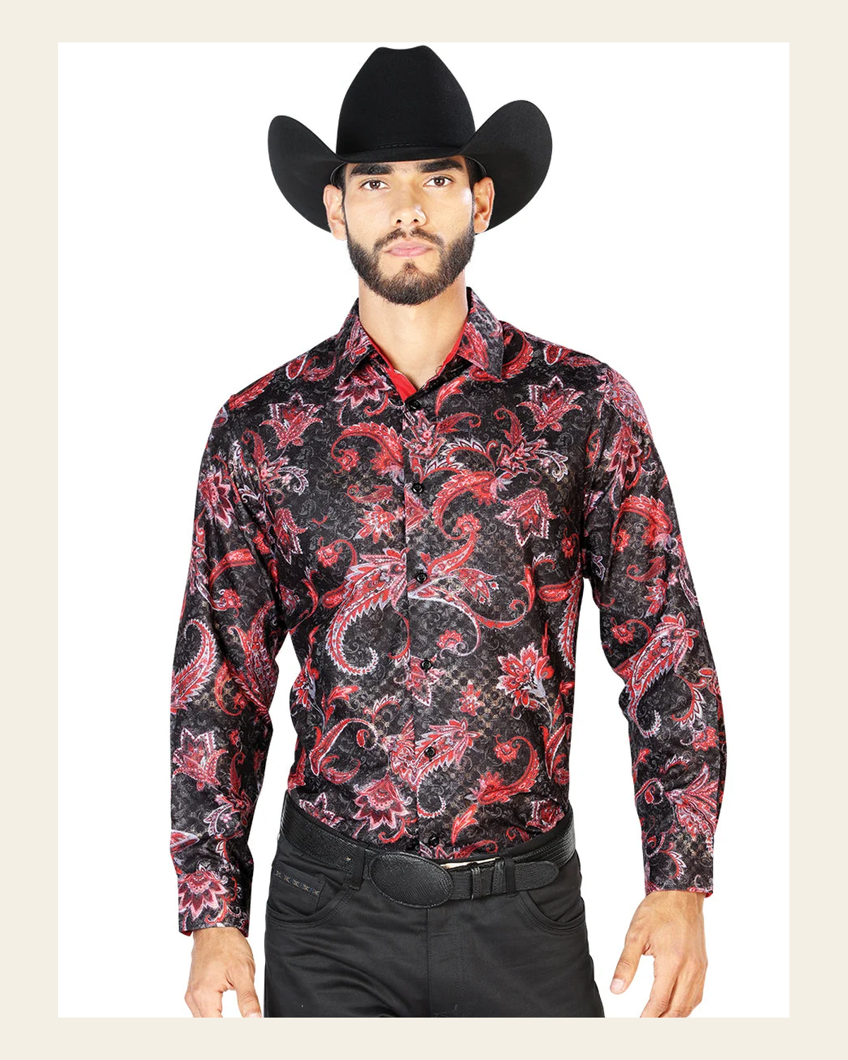 Black Red Casual Long Sleeve Shirt 43804 on a warm cream background