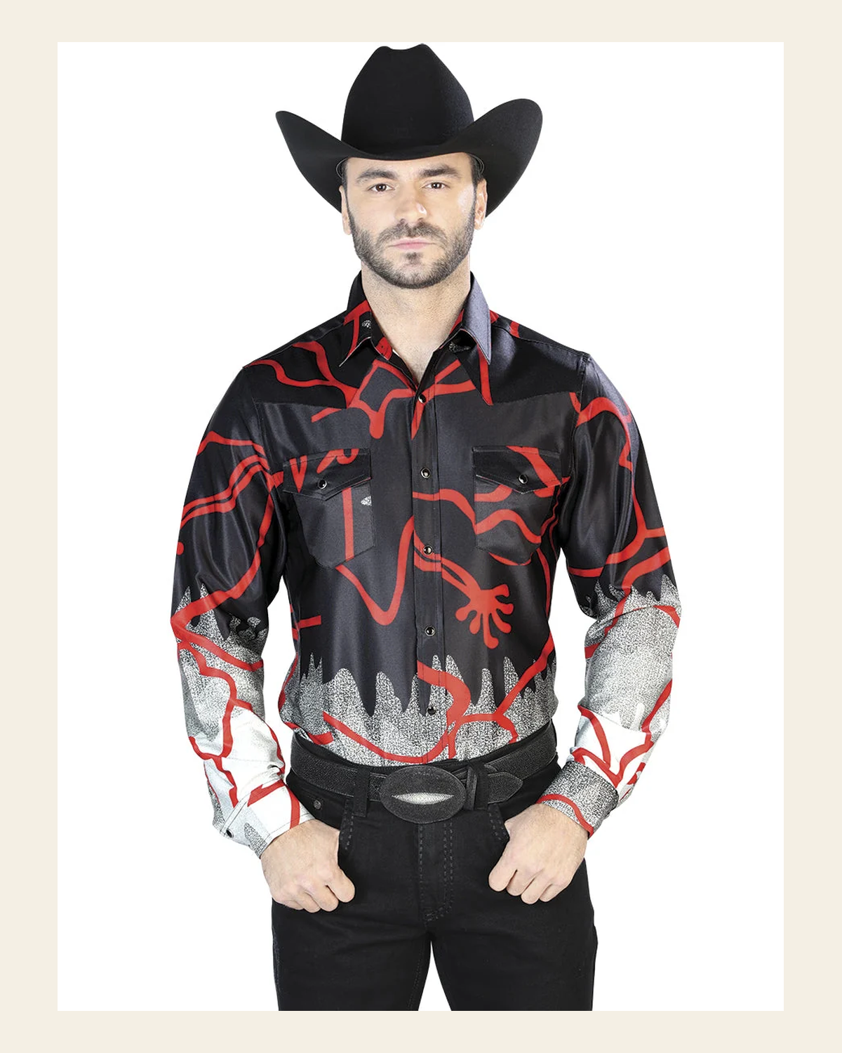 Black Red Casual Long Sleeve Shirt 44074 on a warm cream background