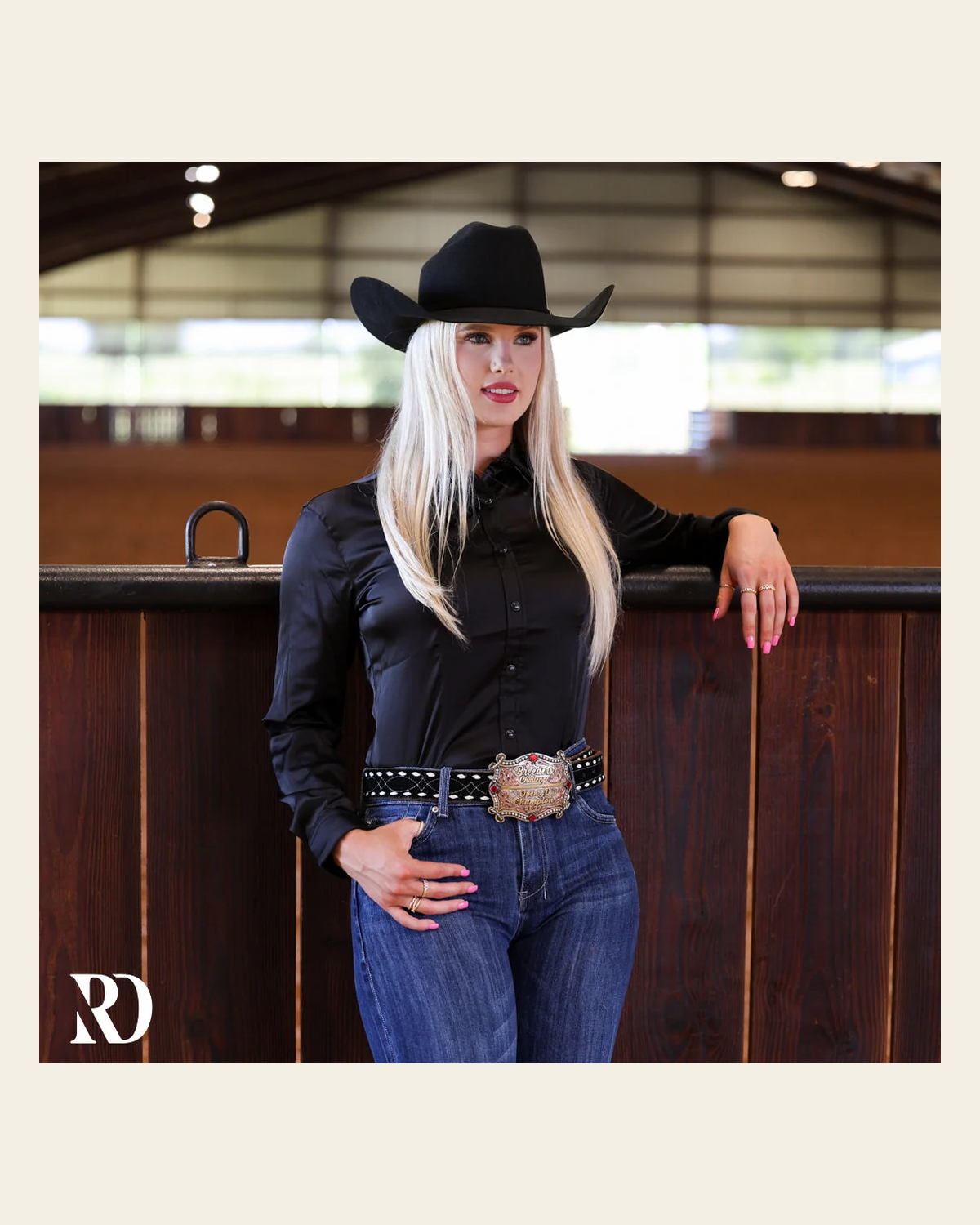 Black Satin Performance Rodeo Shirt on a warm cream background