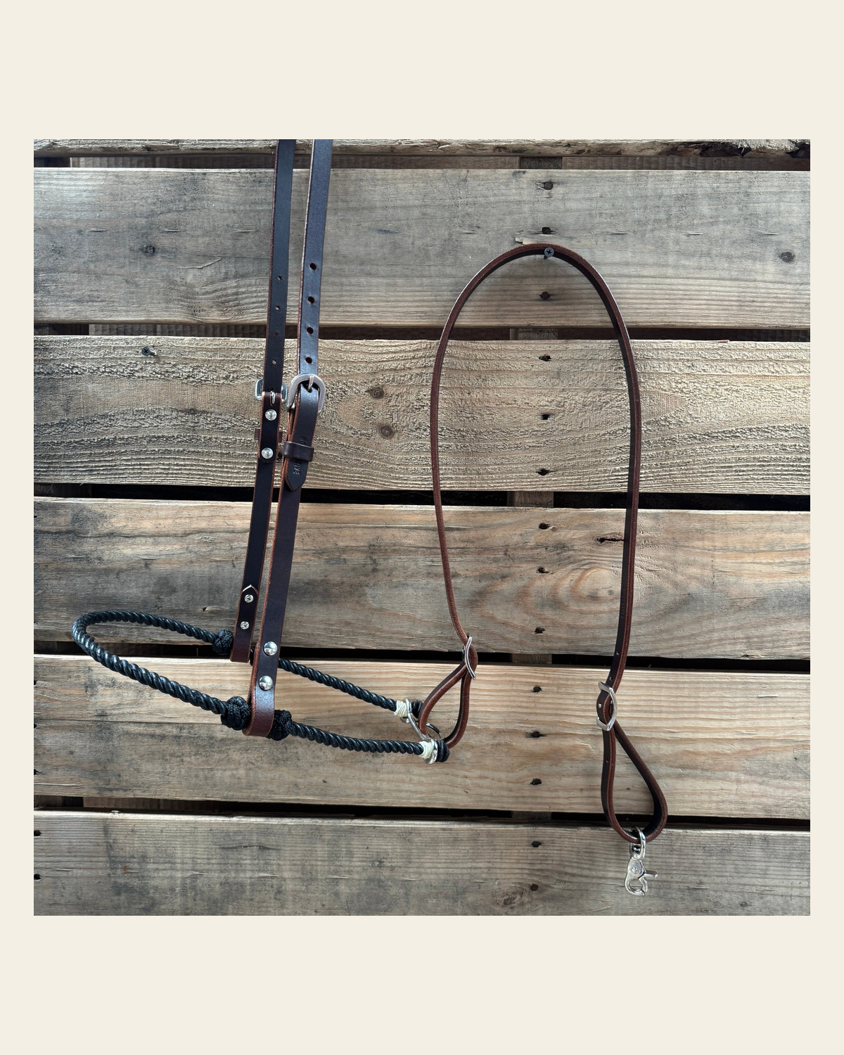 Black Single Rope Noseband Lariat with Leather Hanger #HAN107 on a warm cream background