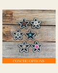 Black Small Star Rhinestone Rosette - Assorted Conchos on a warm cream background