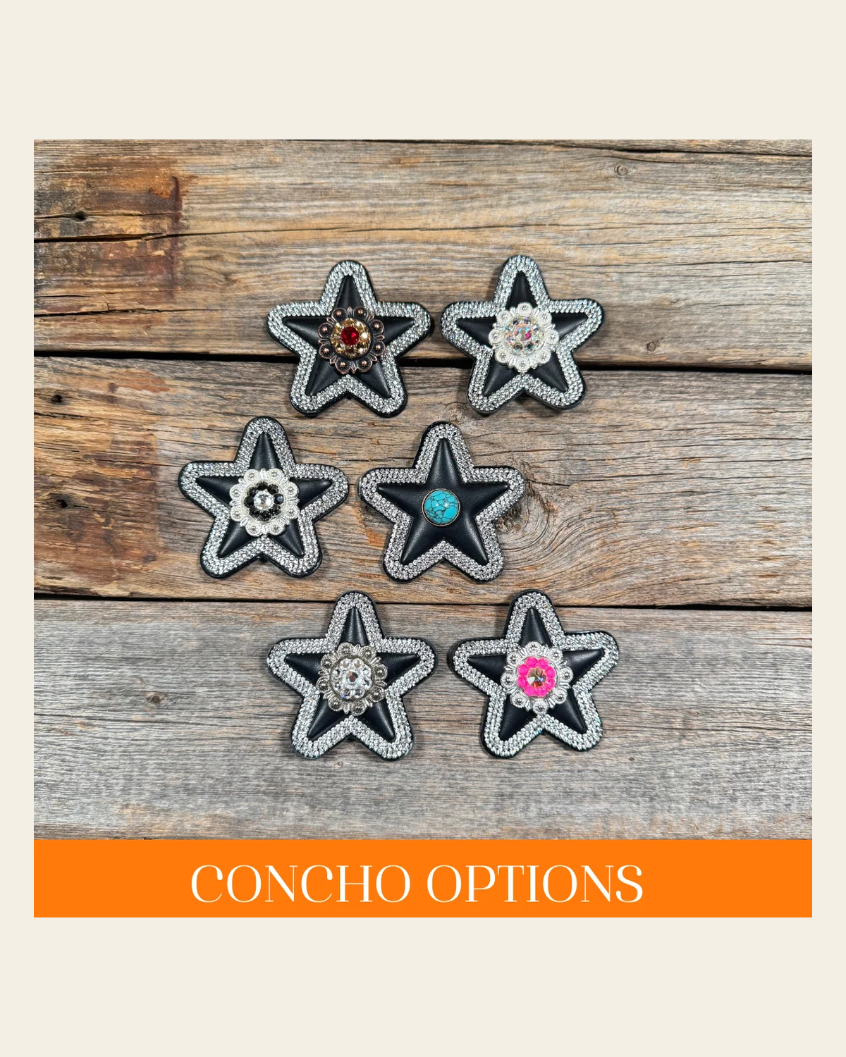Black Small Star Rhinestone Rosette - Assorted Conchos on a warm cream background