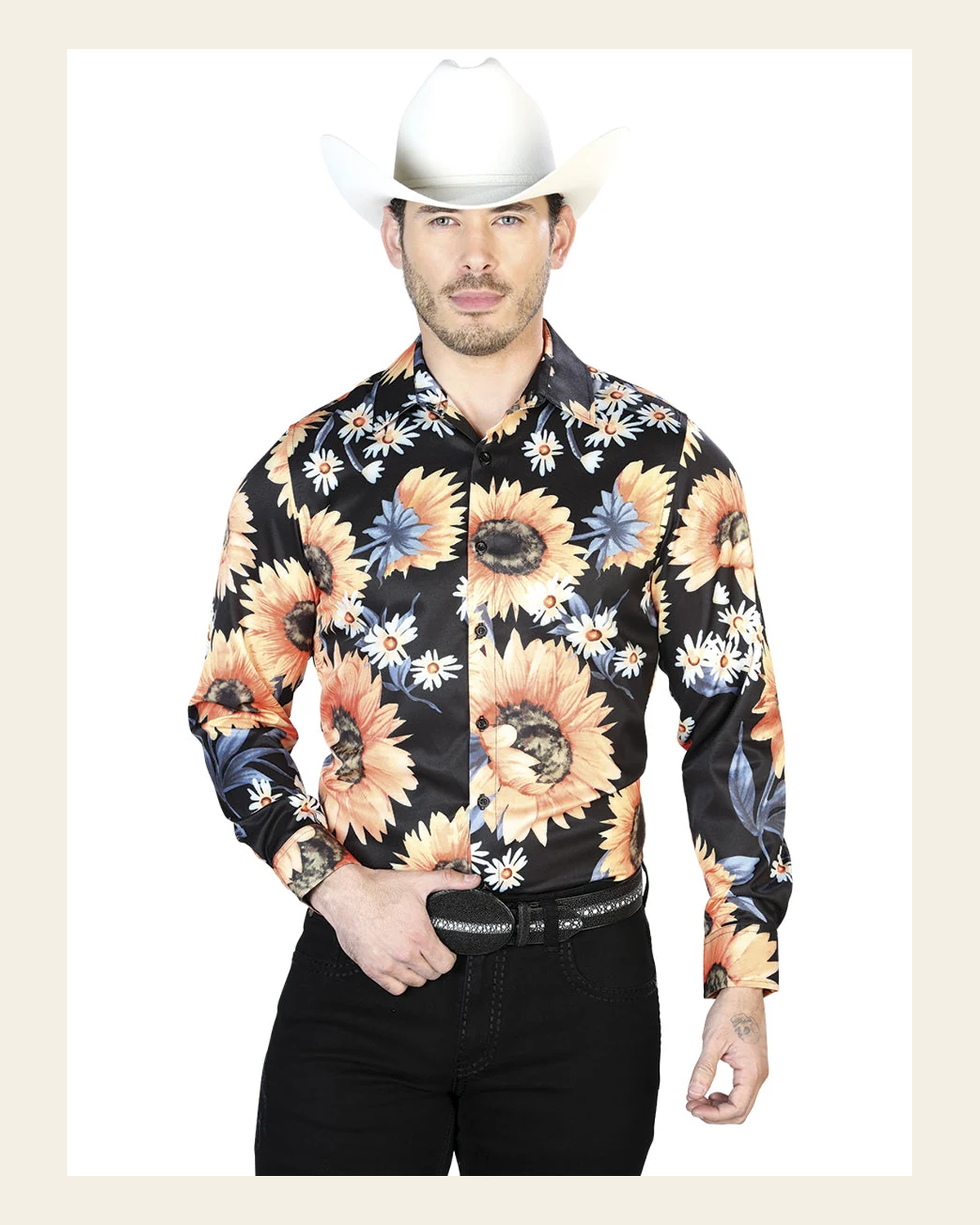 Black/Sunflower Casual Long Sleeve Shirt 43671 on a warm cream background