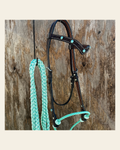 Black V-Brow Turquoise Loping Hackamore #LHK104 on a warm cream background