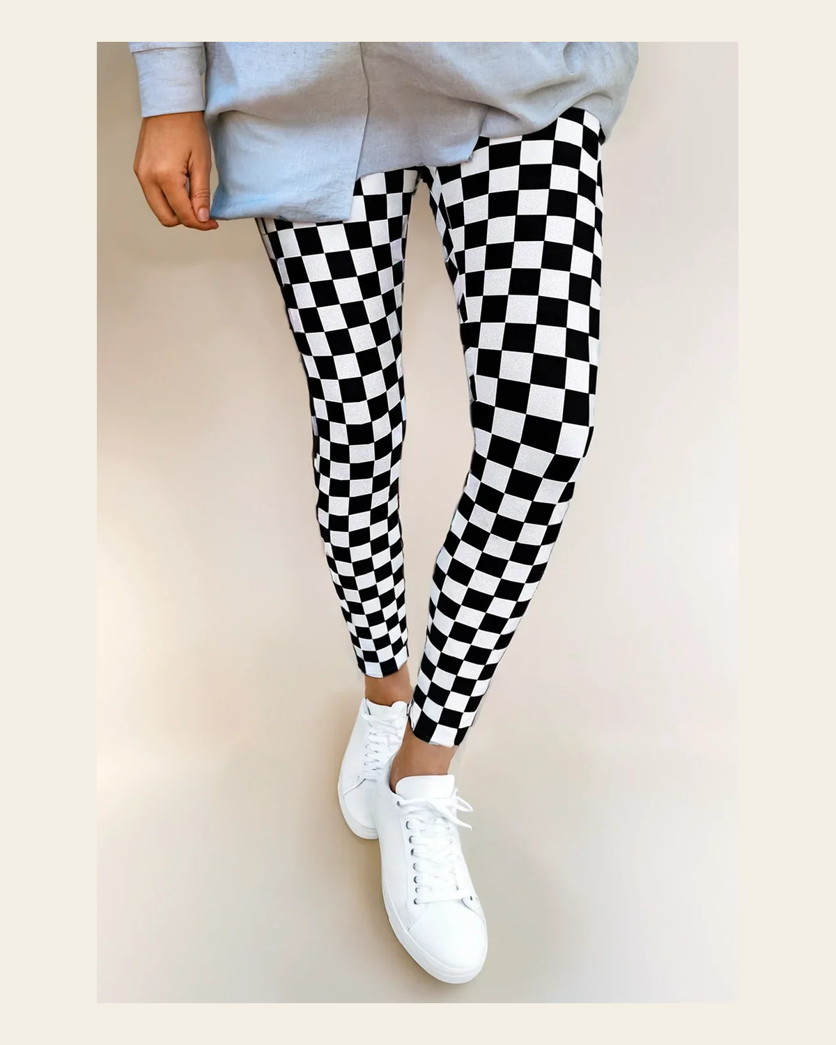 Black & White Checker High Waist | Leggings on a warm cream background
