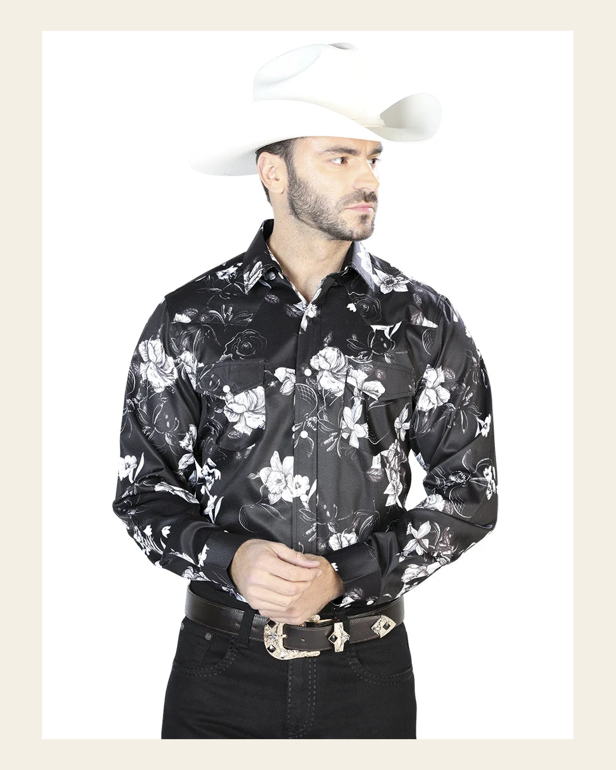 Black White Print Casual Long Sleeve Shirt 44109 on a warm cream background