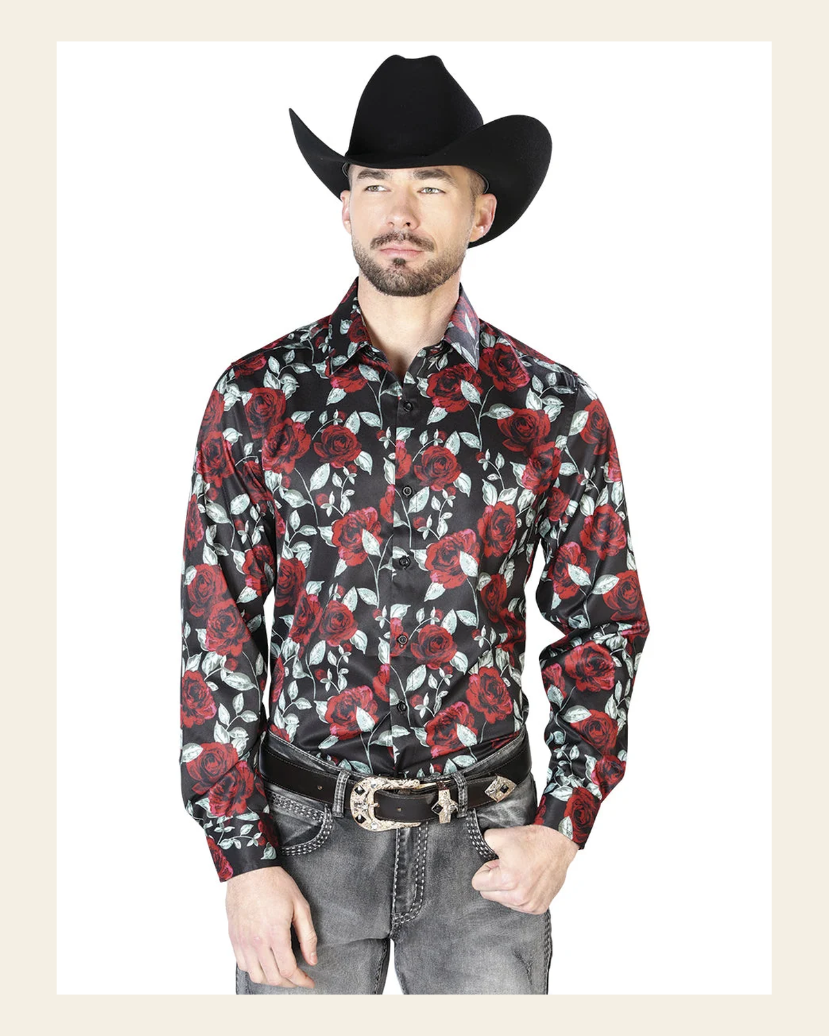 Black With Red Roses Casual Long Sleeve Shirt 43667 on a warm cream background