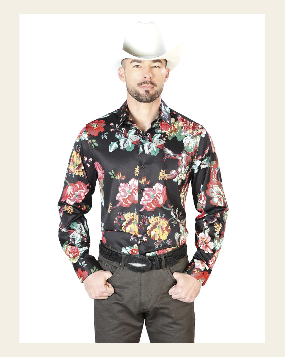 Black With Red Roses Casual Long Sleeve Shirt 43675 on a warm cream background