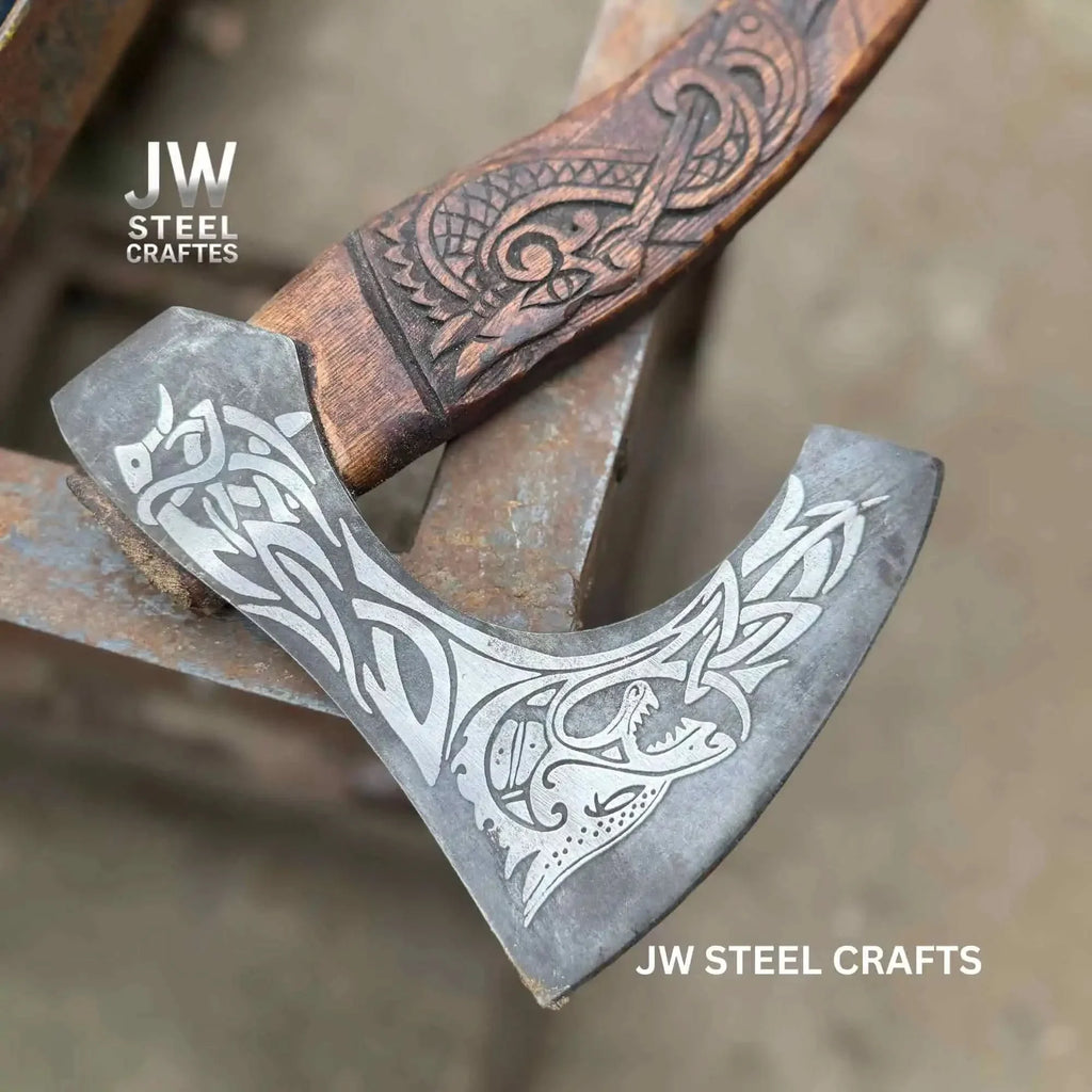 Hand-Engraved Viking Bearded Axe with Carved Hardwood Handle – Damascus Steel Blade | JW SteelCrafts