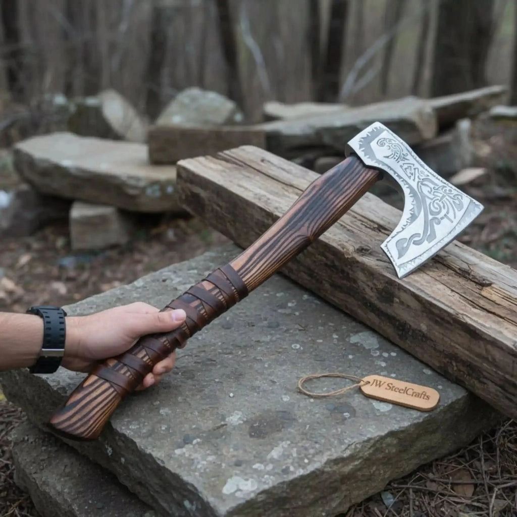 Engraved Carbon Steel Ragnar Axe with Bearded Head
