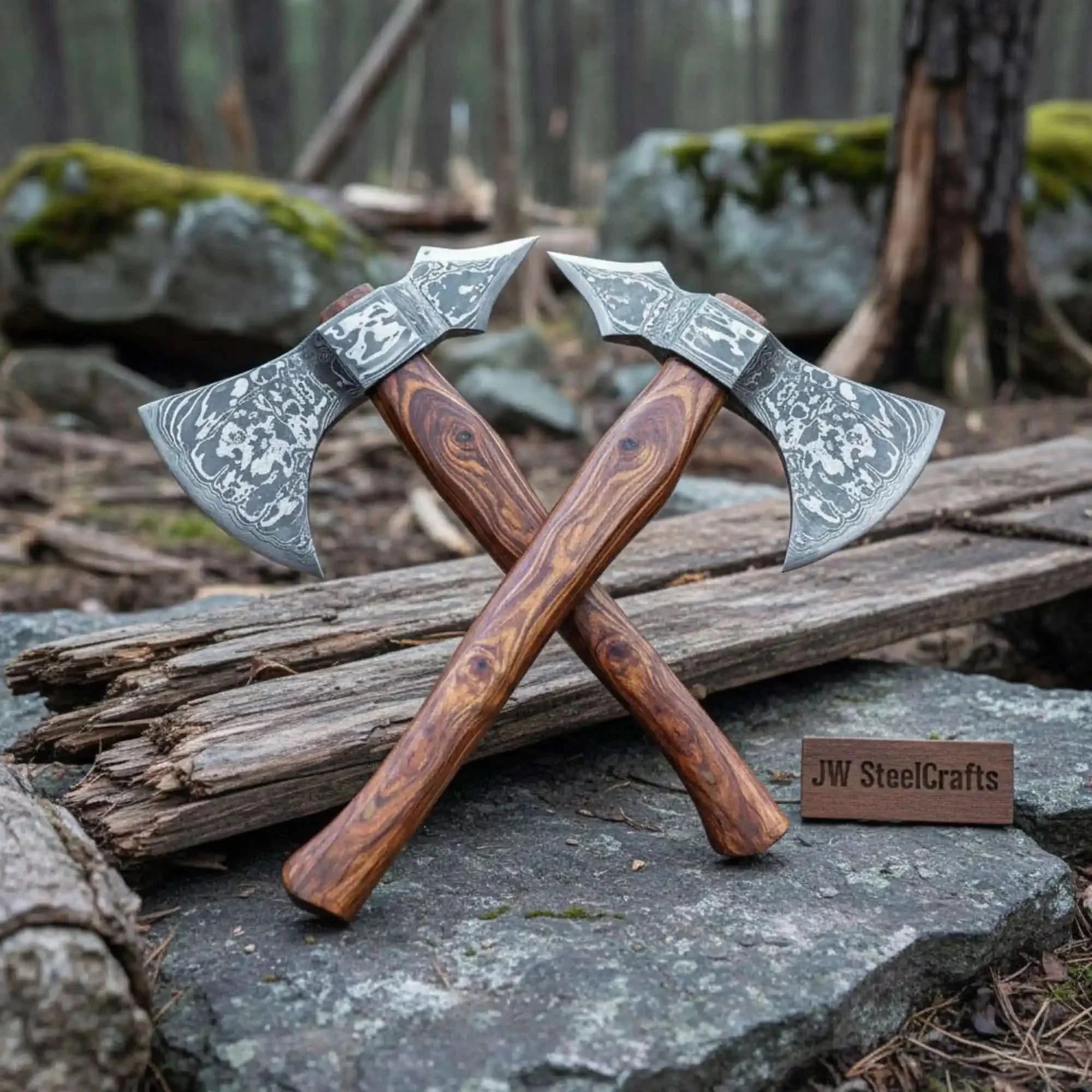 Hand-forged Viking Skeggøx Bearded Axe Set – Pattern-welded Damascus Heads with Hardwood Shafts