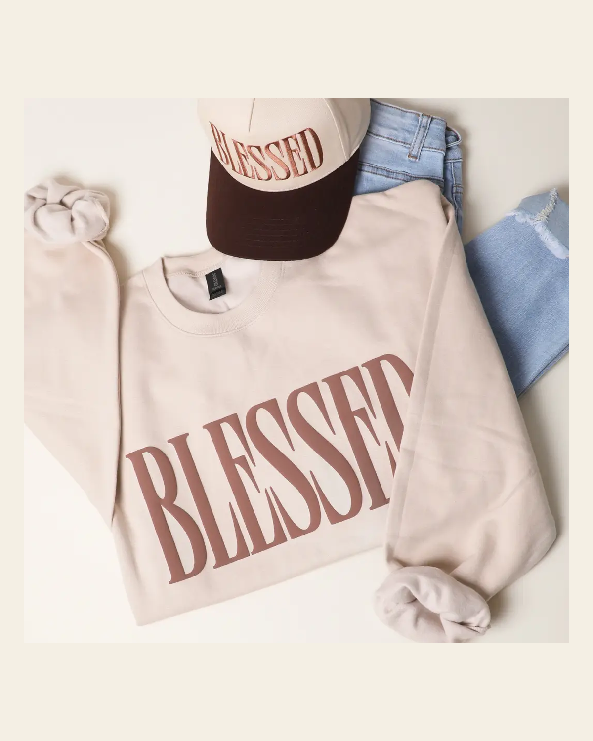 Blessed Tan | Crewneck on a warm cream background