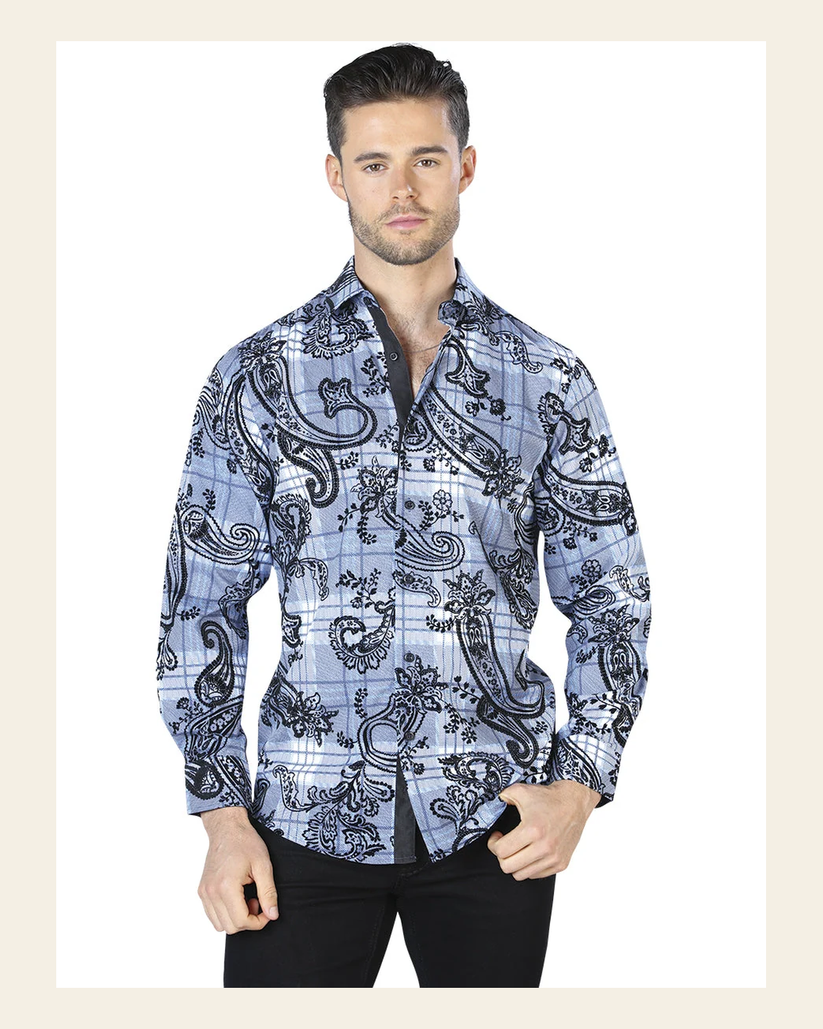 Blue And Black Casual Long Sleeve Shirt 44058 on a warm cream background