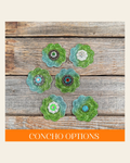Blue and Green Flower Rhinestone Rosette - Assorted Conchos on a warm cream background