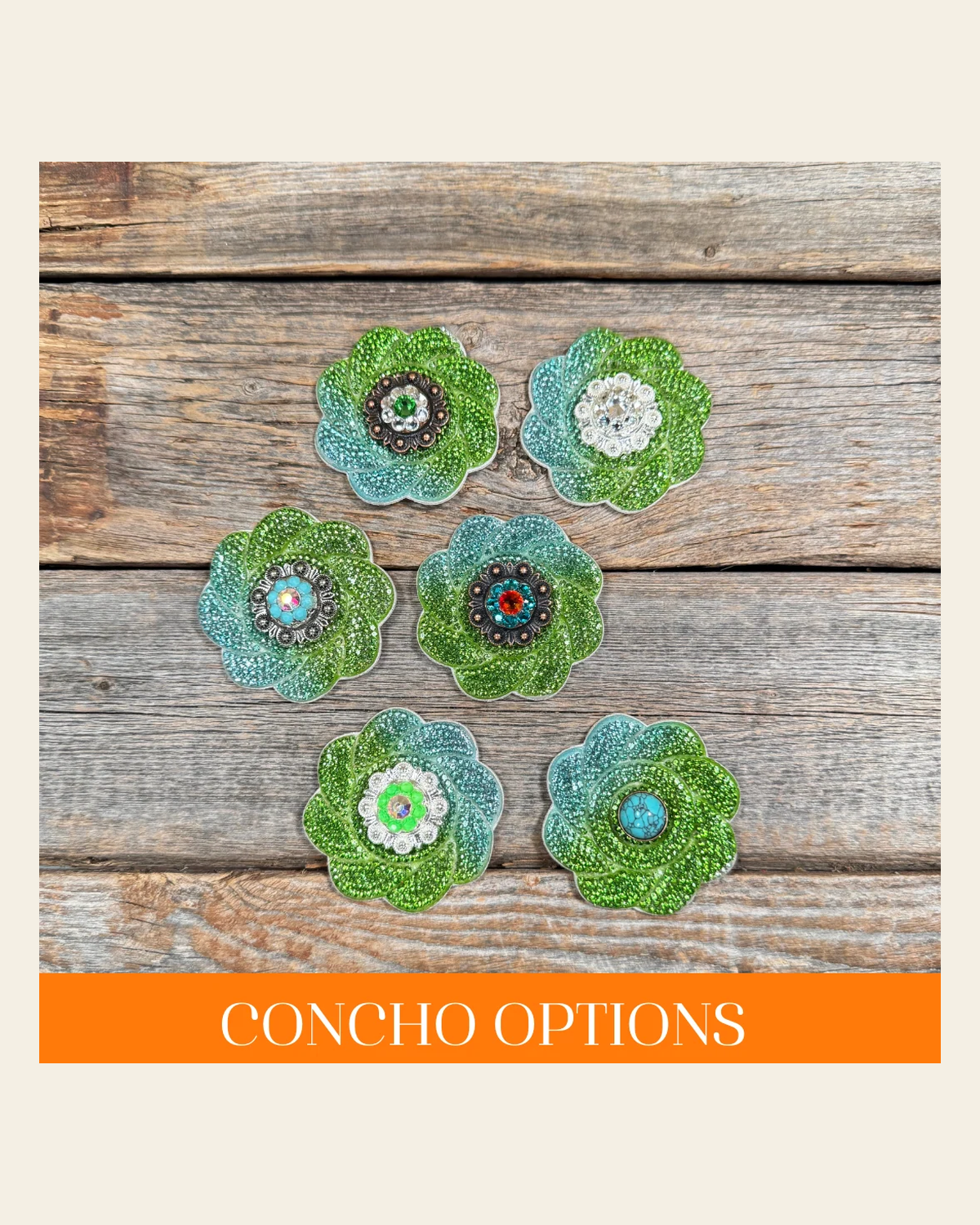 Blue and Green Flower Rhinestone Rosette - Assorted Conchos on a warm cream background