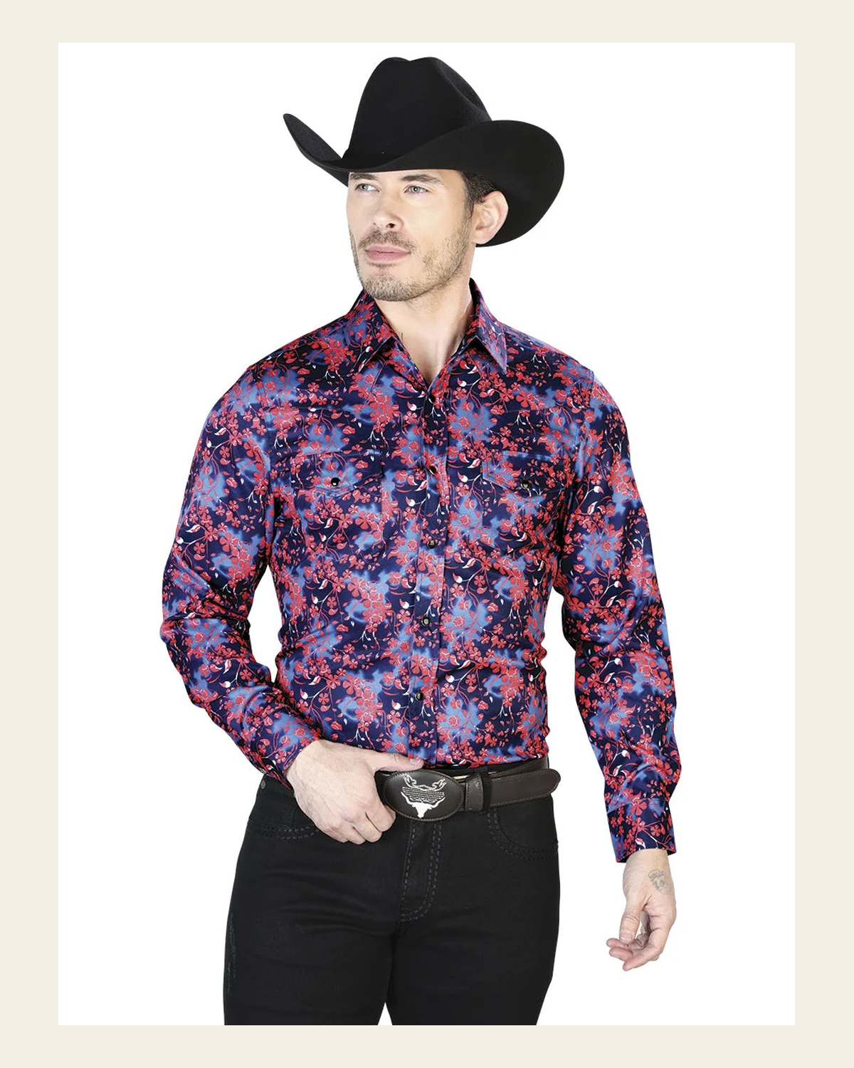 Blue And Red Casual Long Sleeve Shirt 43956 on a warm cream background