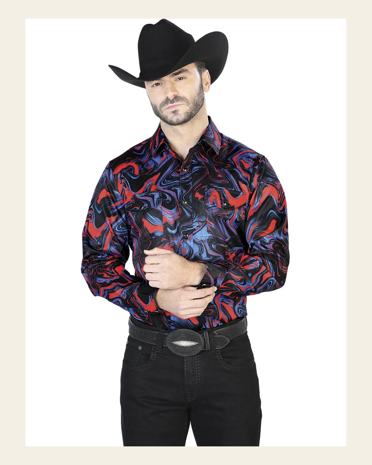 Blue And Red Casual Long Sleeve Shirt 44080 on a warm cream background