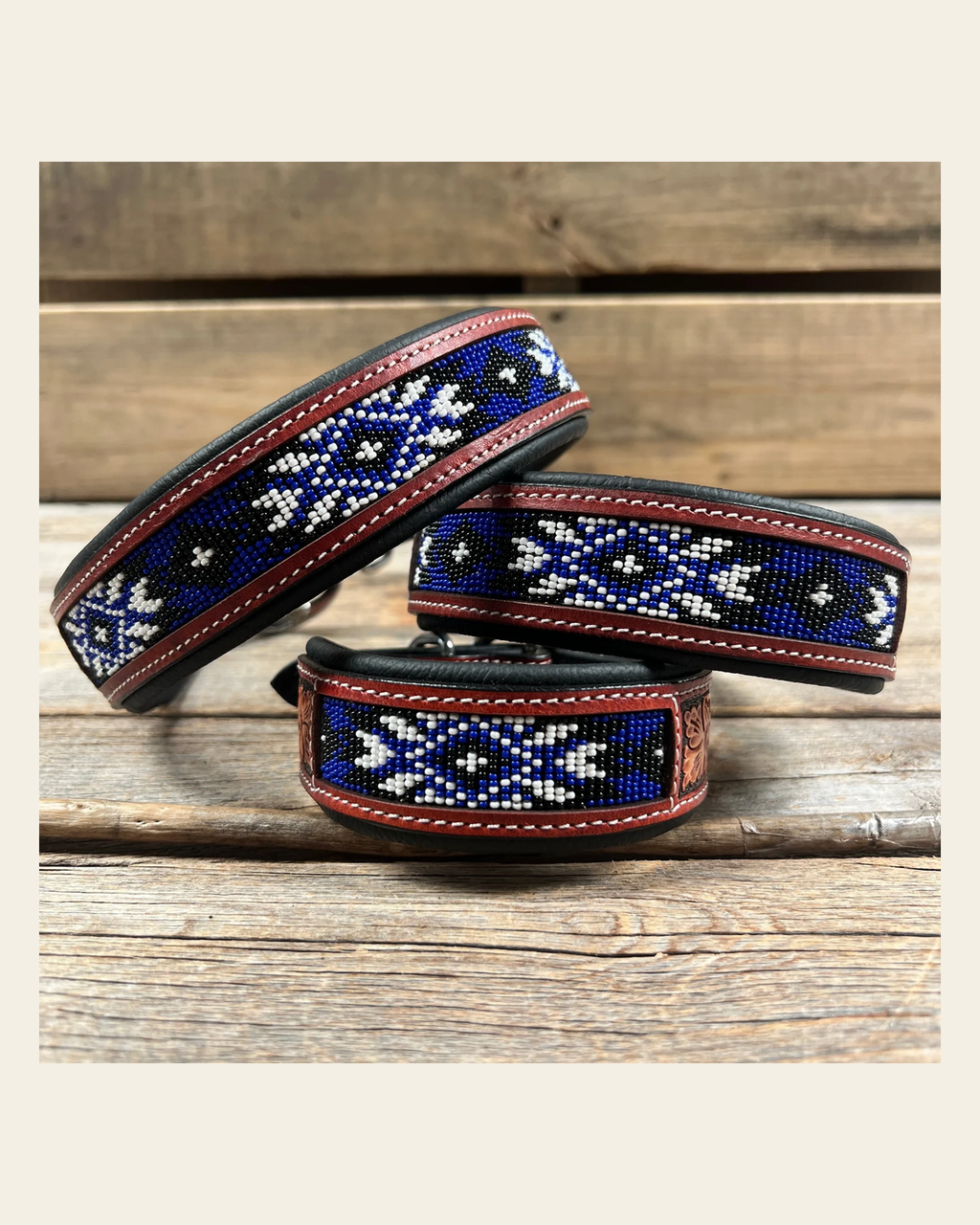Tooled Blue and White Genuine Leather Beaded Dog Collar #DC440 on a warm cream background
